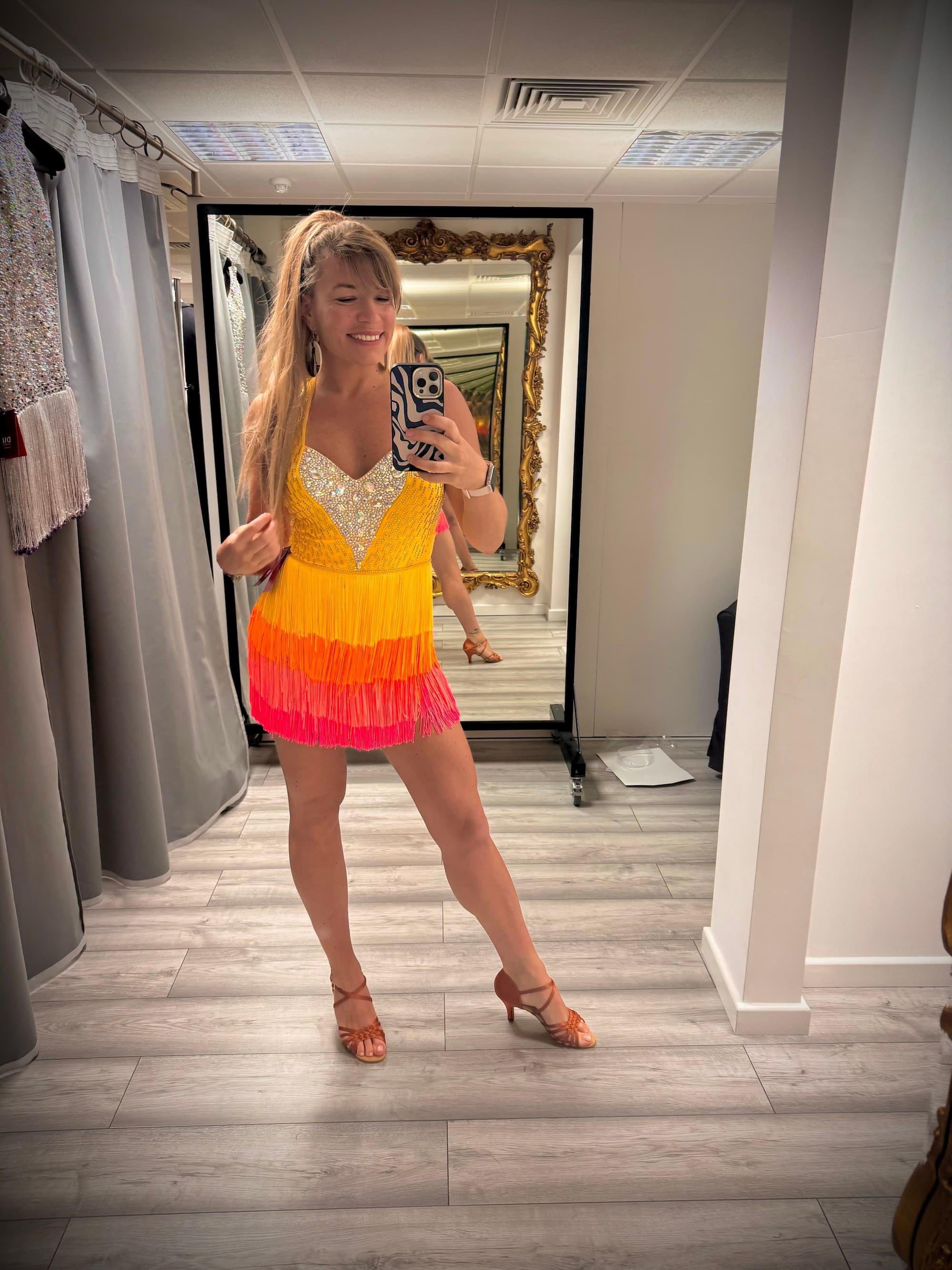 Yellow Latin Dress with Ombre Fringe and Swarovski Crystals