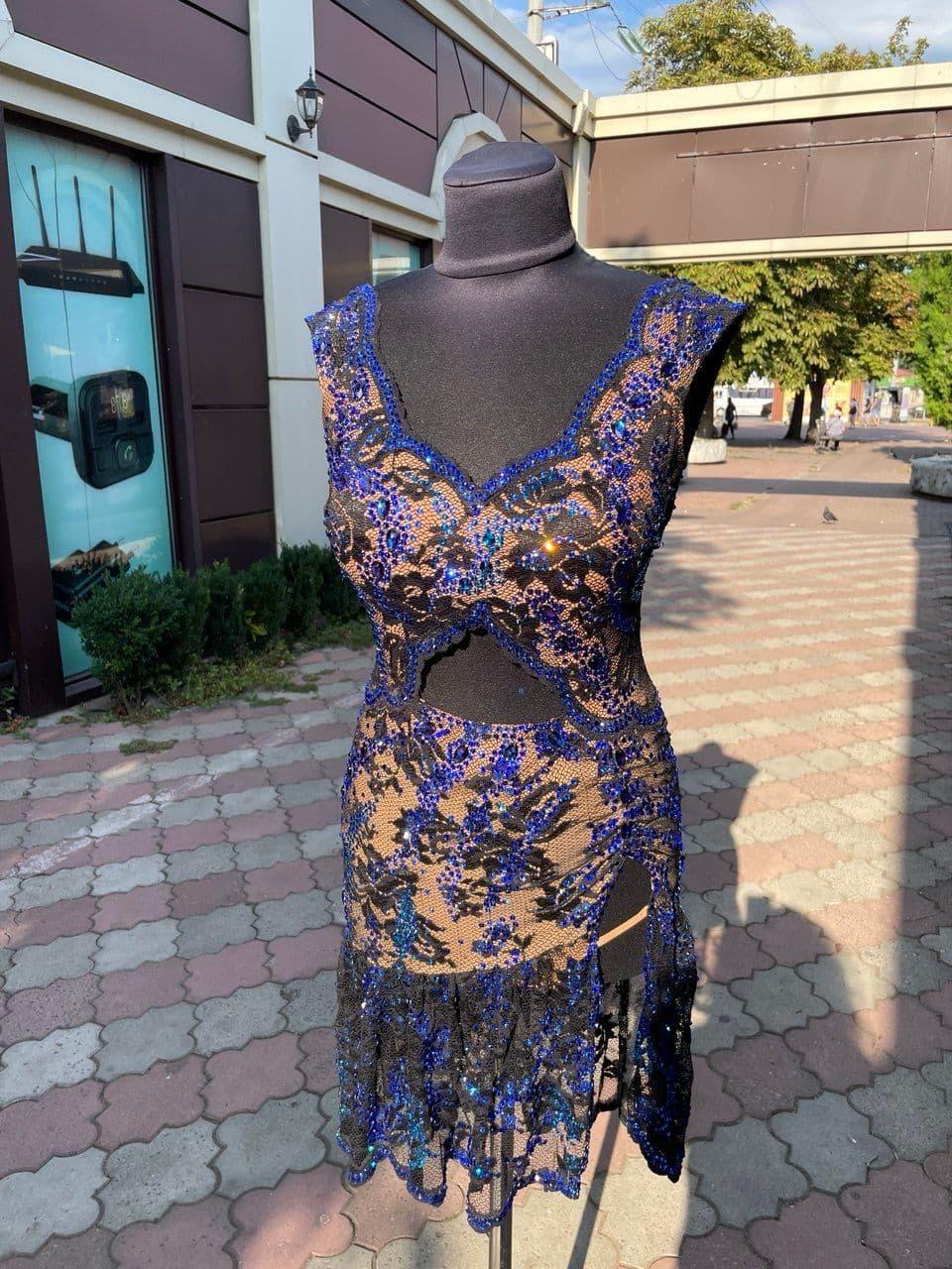 Black Latin Dress with Blue Swarovski Crystals