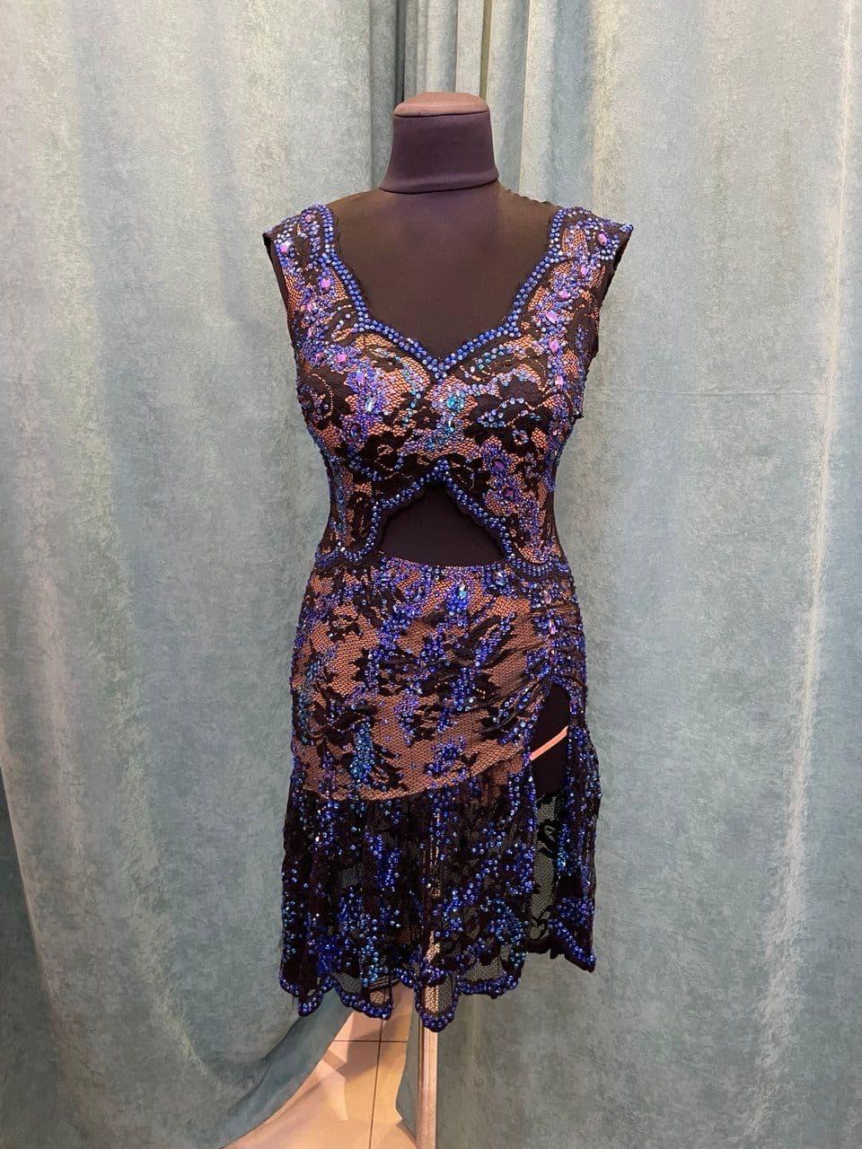 Black Latin Dress with Blue Swarovski Crystals