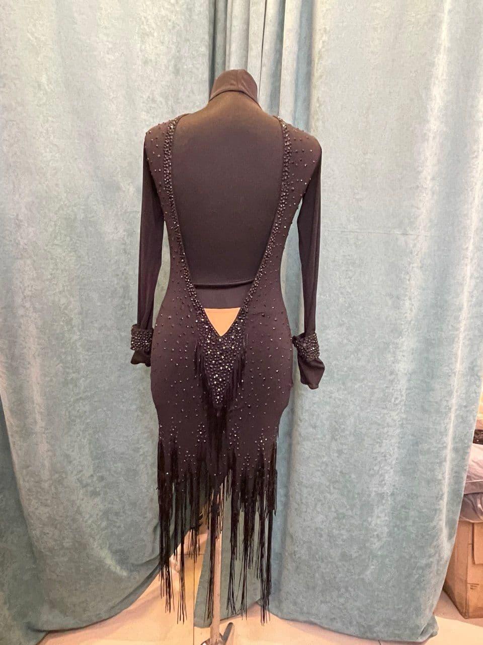Black Open-Back Latin Dress with Fringe, Lace, and Swarovski Crystals