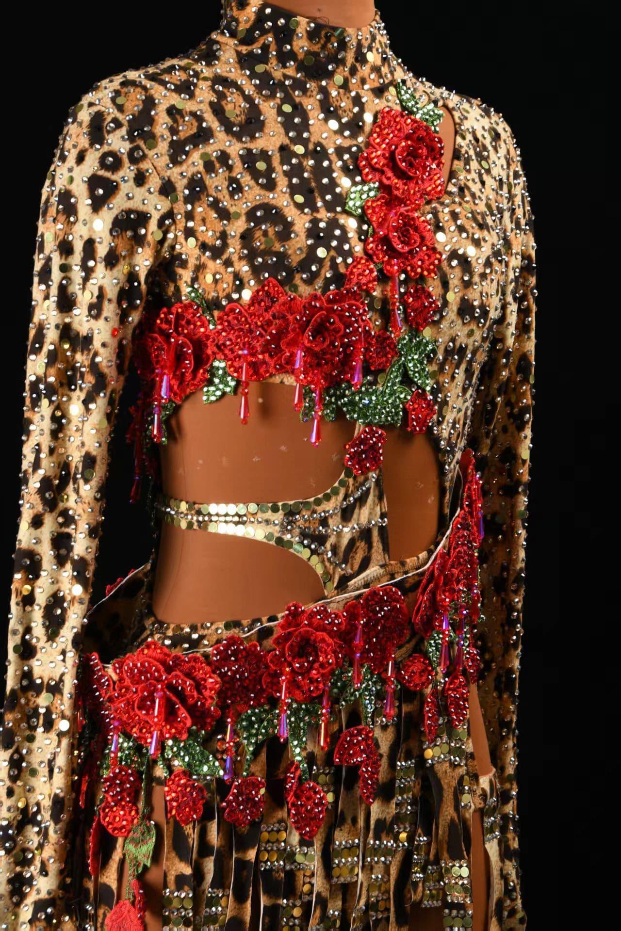 Leopard Latin Dress with Red Roses and Swarovski Crystals