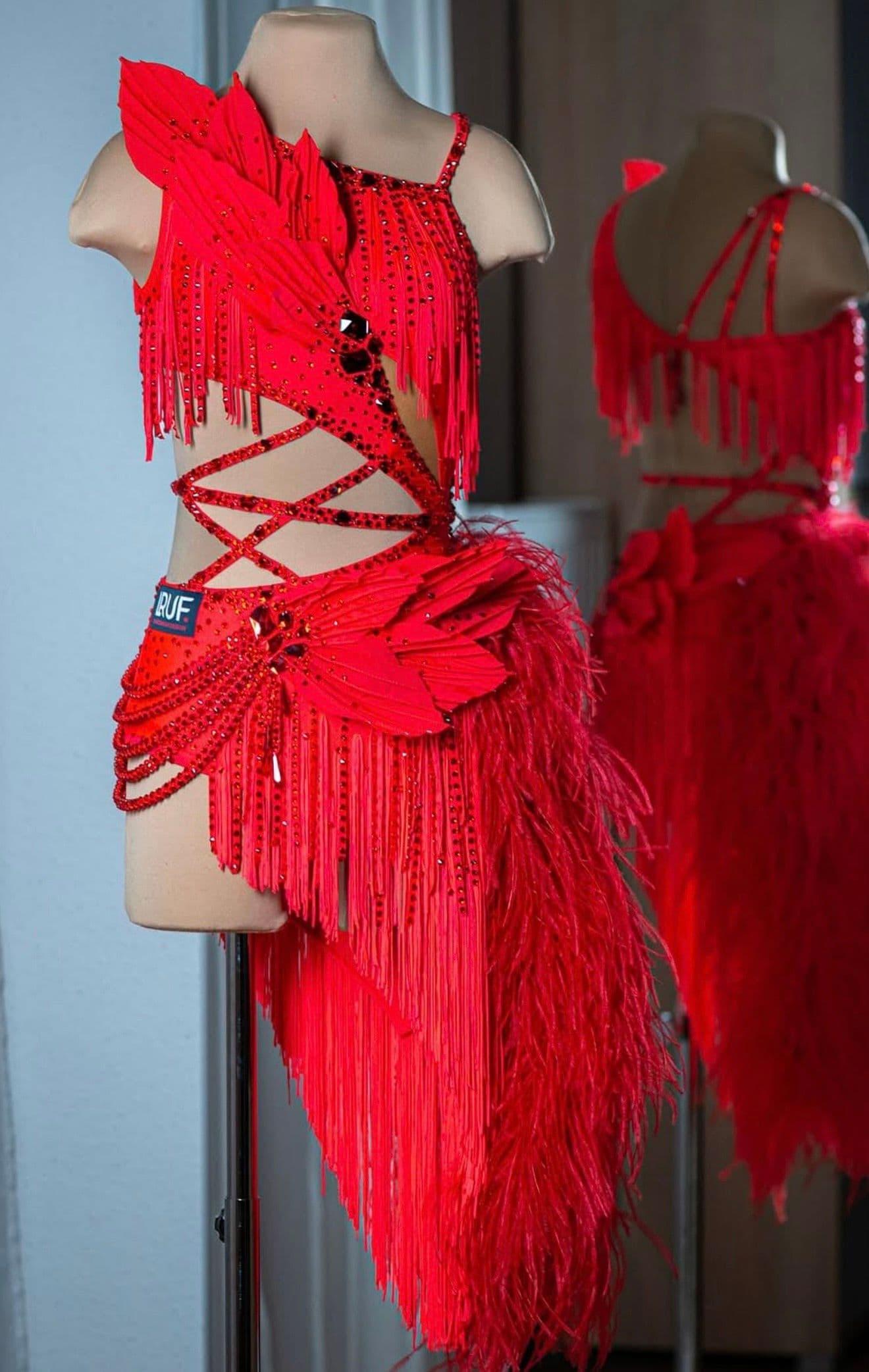 Red Latin Dress with Swarovski Crystals and Feathers