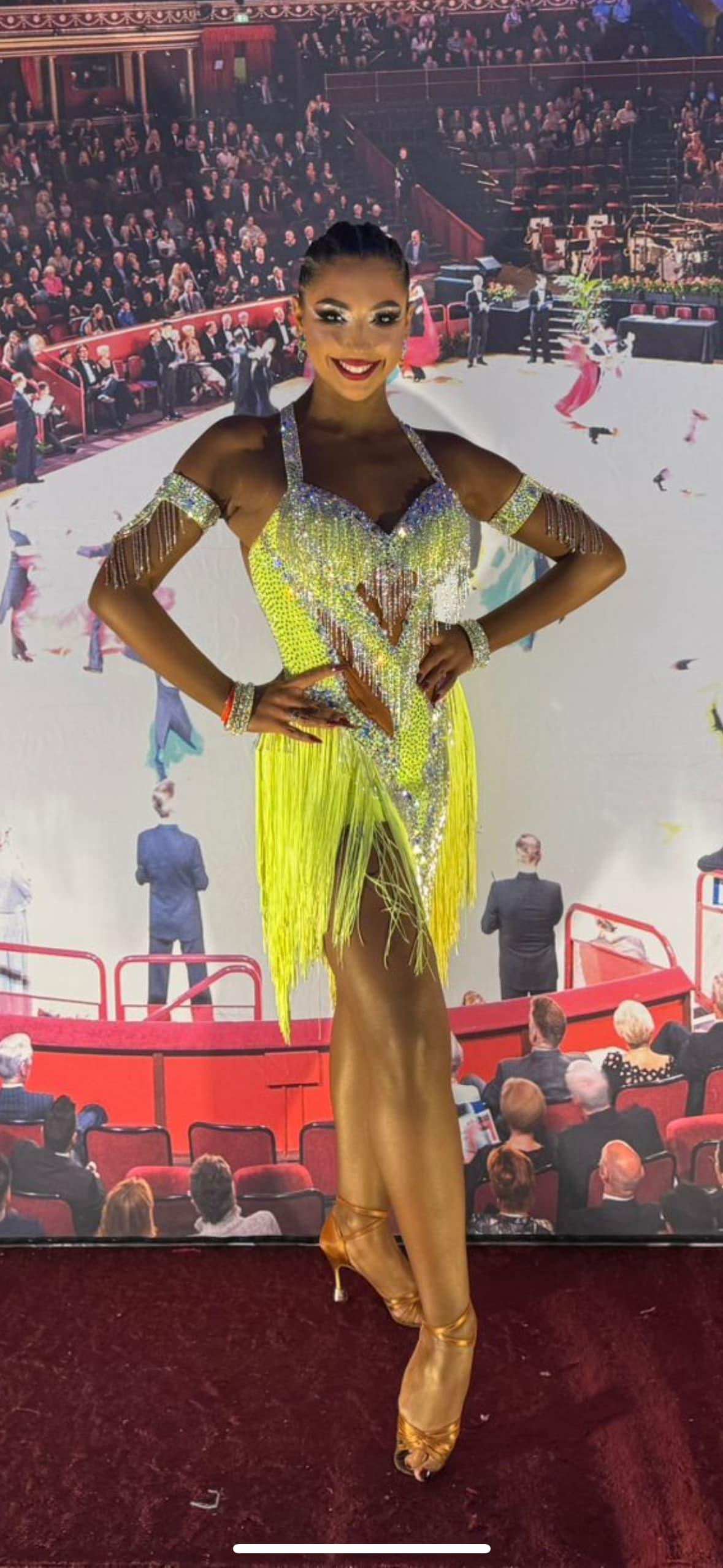 Bright Latin Dress with Swarovski Crystals and Fringe