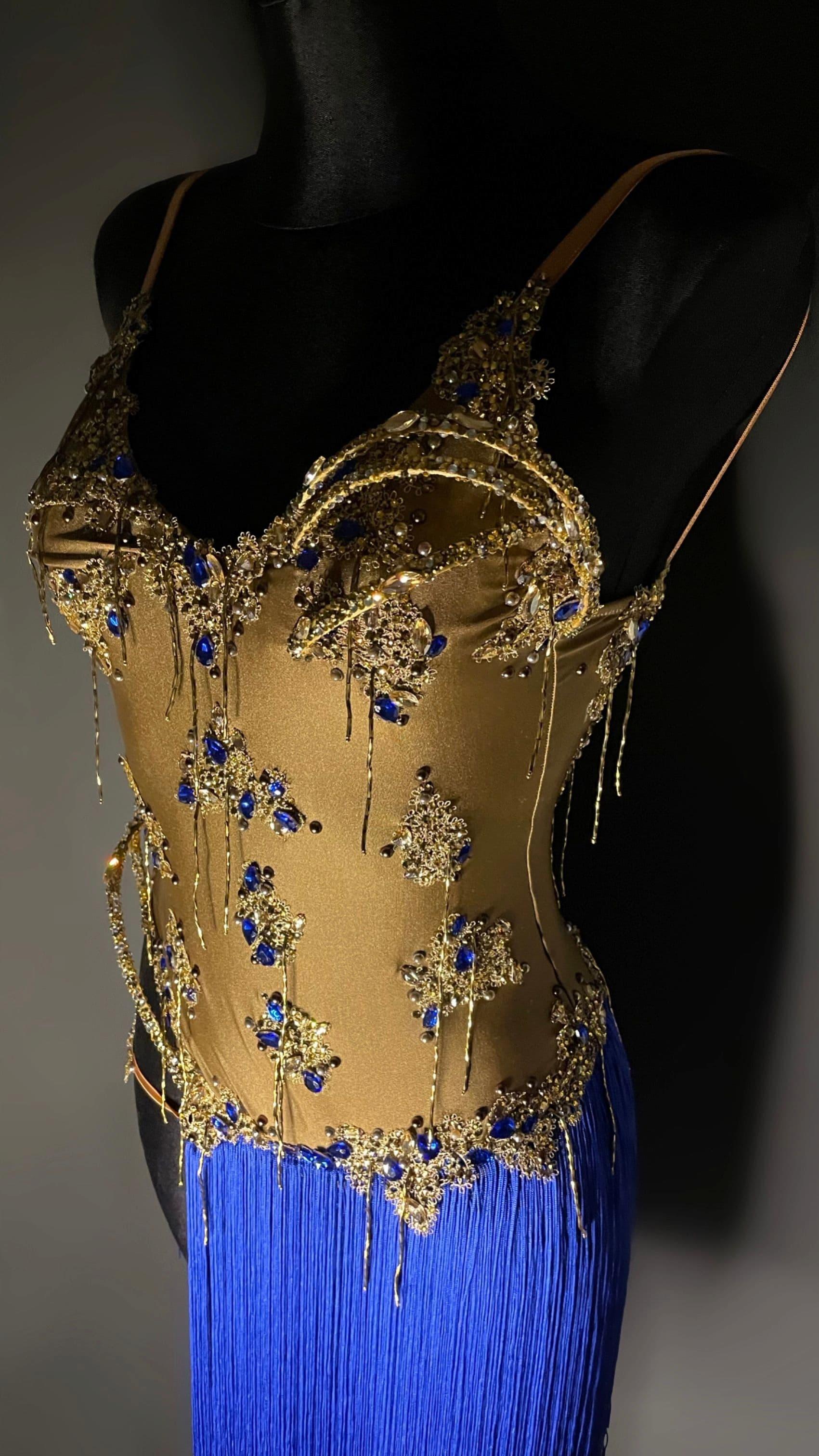 Gold Blue Latin Dress with Fringe and Swarovski Crystals