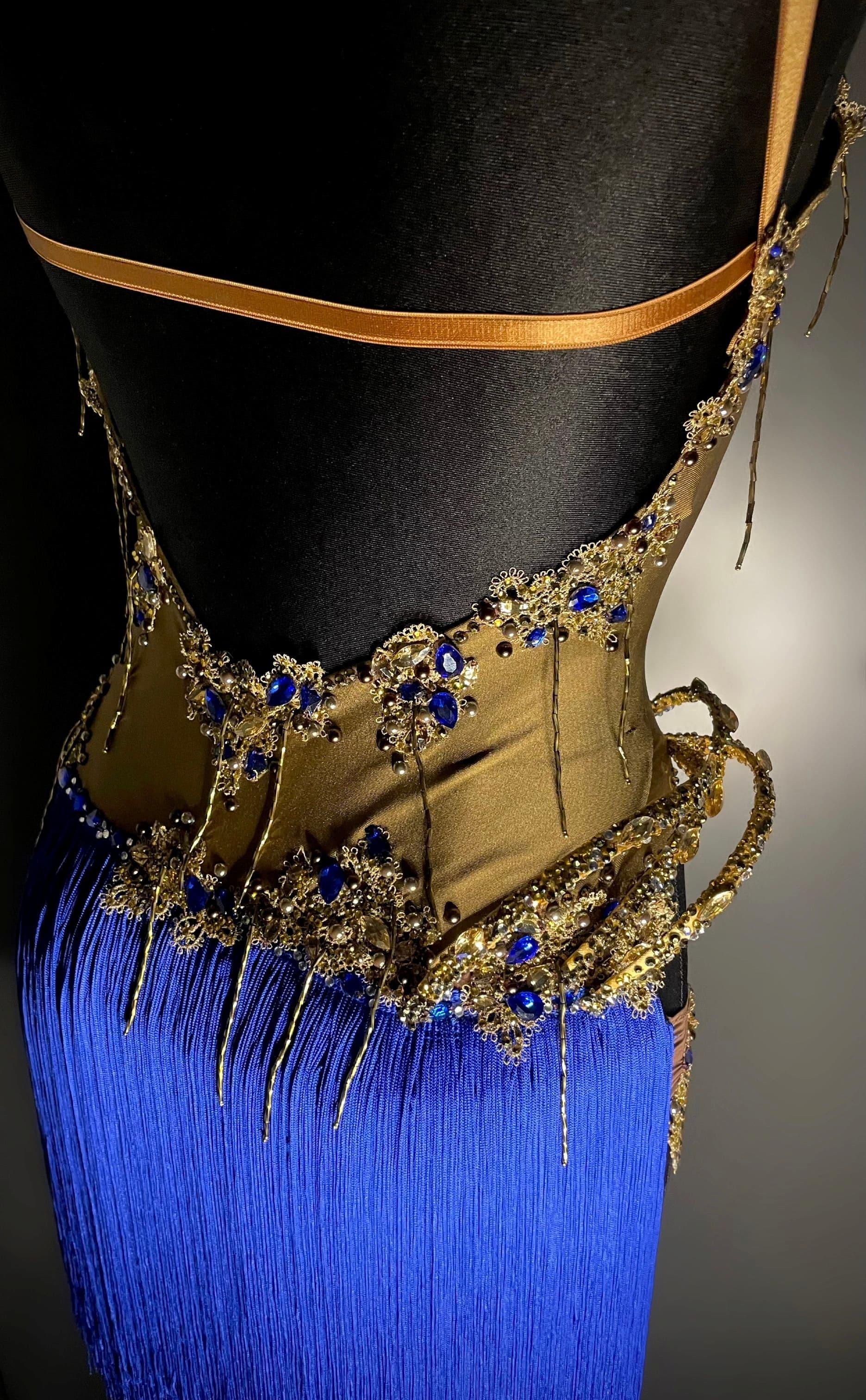 Gold Blue Latin Dress with Fringe and Swarovski Crystals