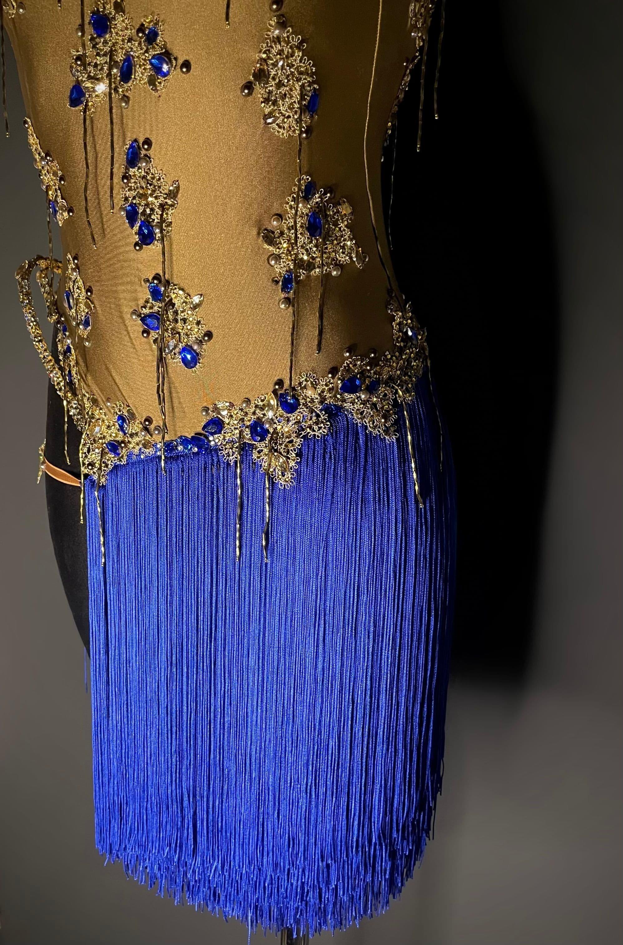 Gold Blue Latin Dress with Fringe and Swarovski Crystals