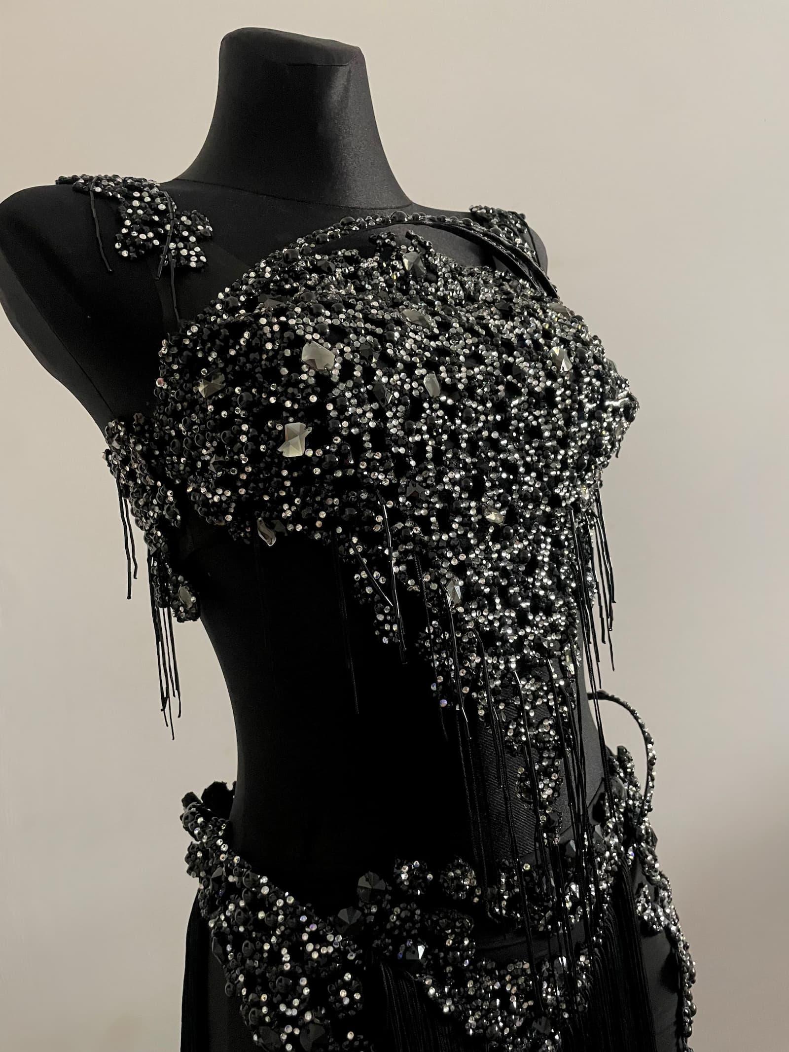 Black Latin Dress with Swarovski Crystals and Dynamic Fringe