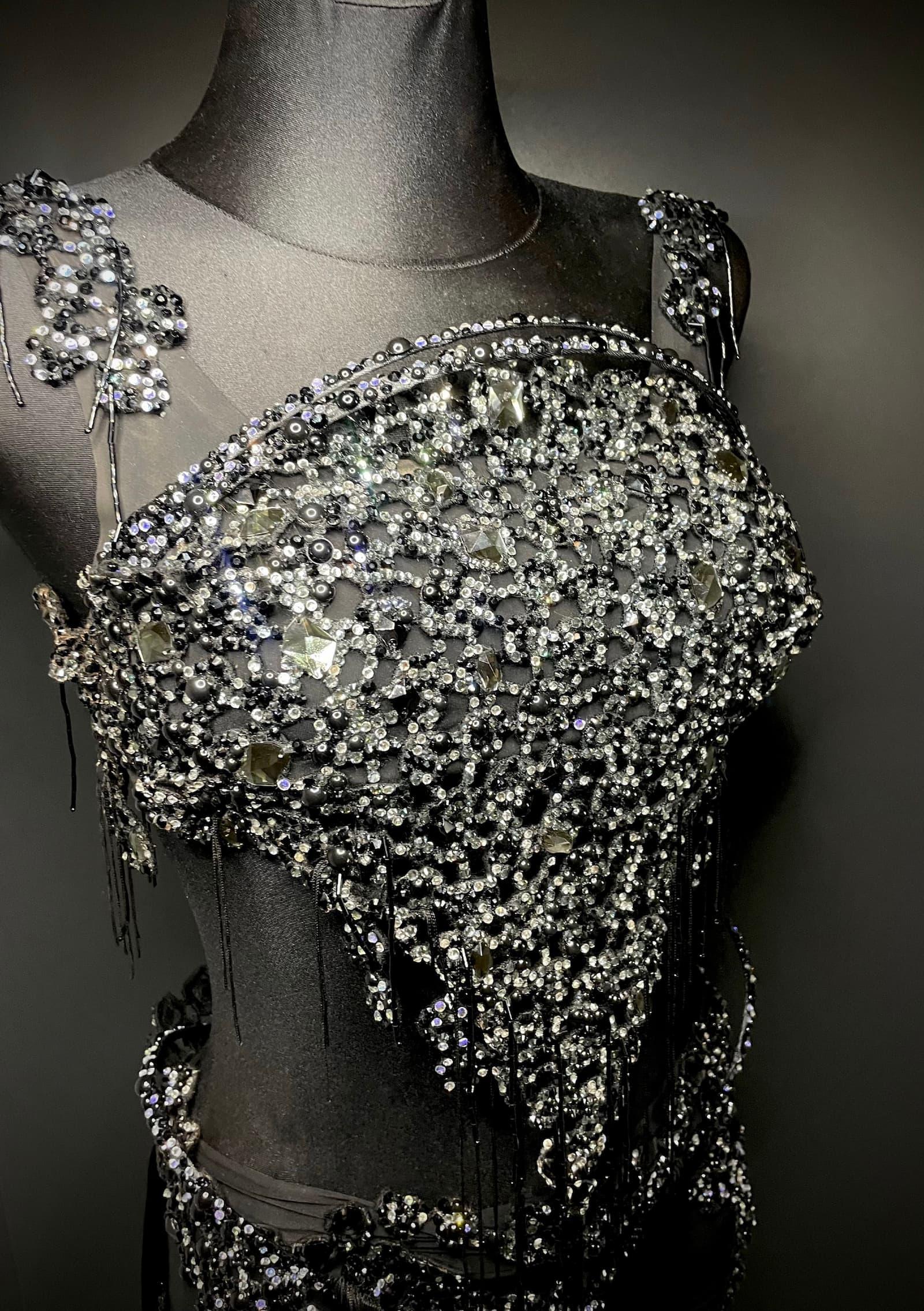 Black Latin Dress with Swarovski Crystals and Dynamic Fringe