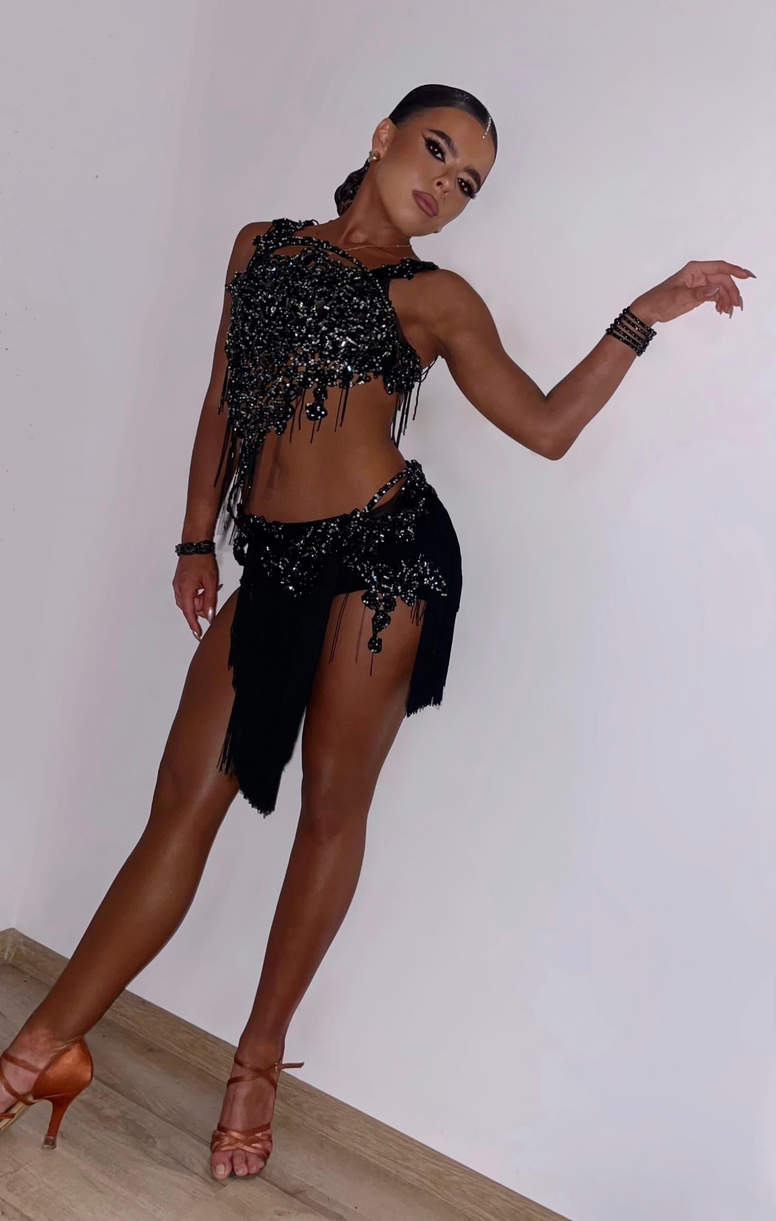 Black Latin Dress with Swarovski Crystals and Dynamic Fringe