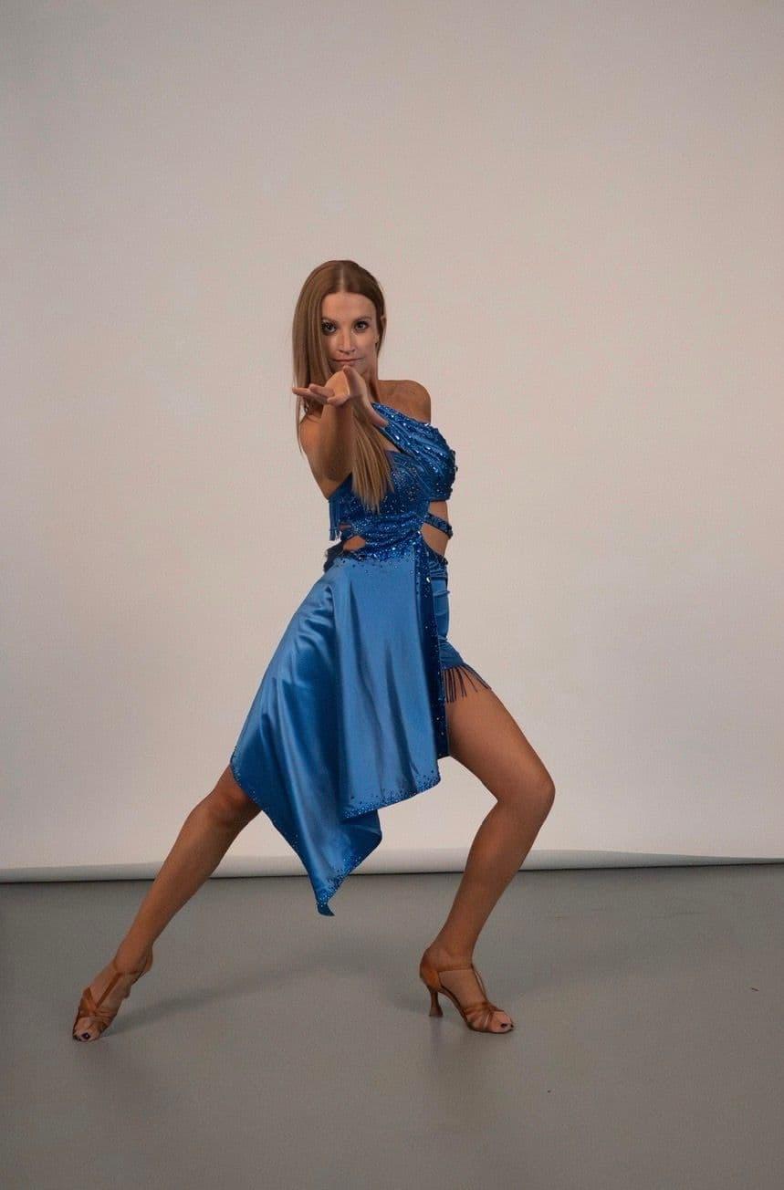 Royal Blue Latin Dress with Flowy Skirt and Swarovski Crystals