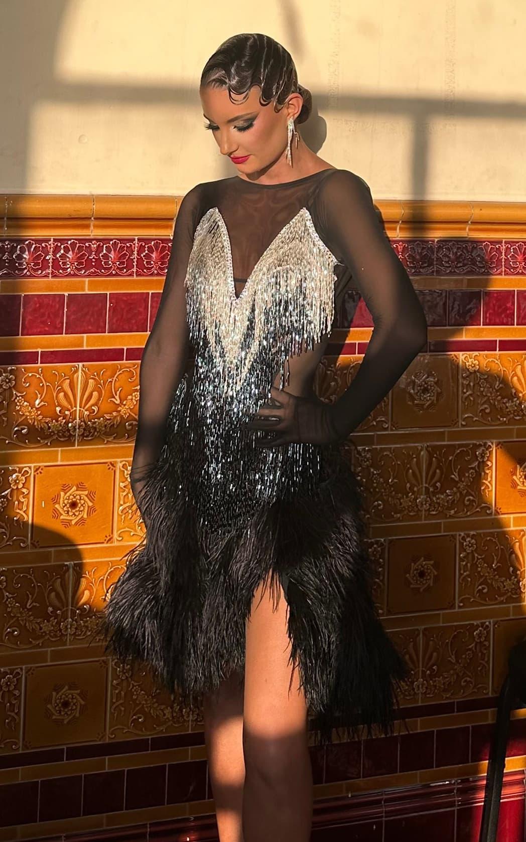 Black Latin Dress with Feathers, Mesh Sleeves and Swarovski Crystals