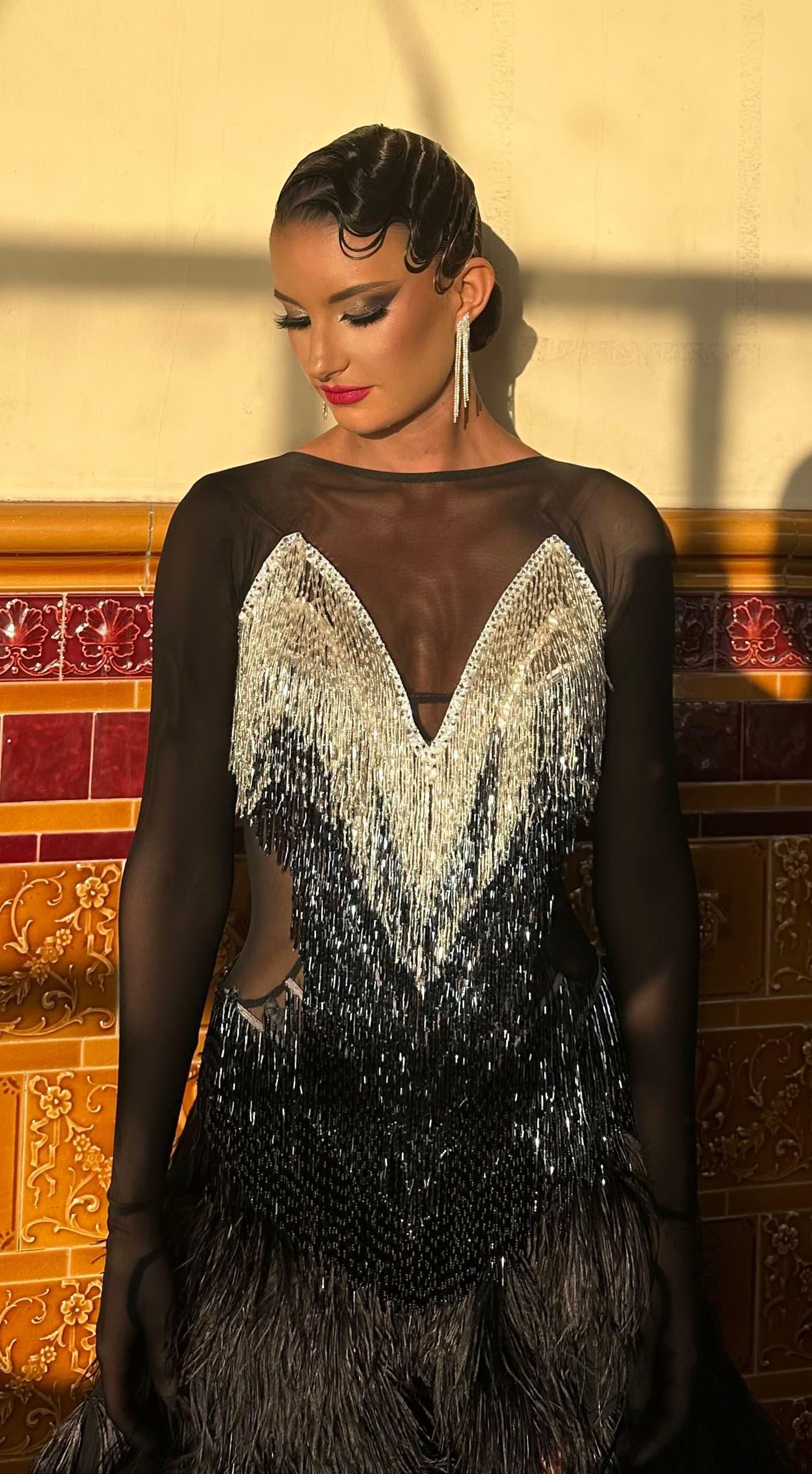 Black Latin Dress with Feathers, Mesh Sleeves and Swarovski Crystals