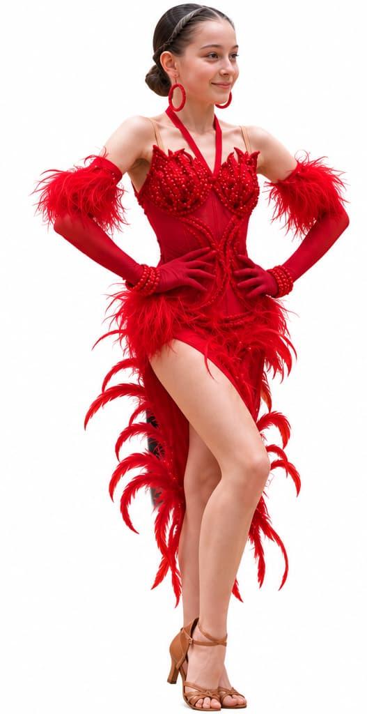 Red Latin Dress with Gloves, Earrings and Bracelets