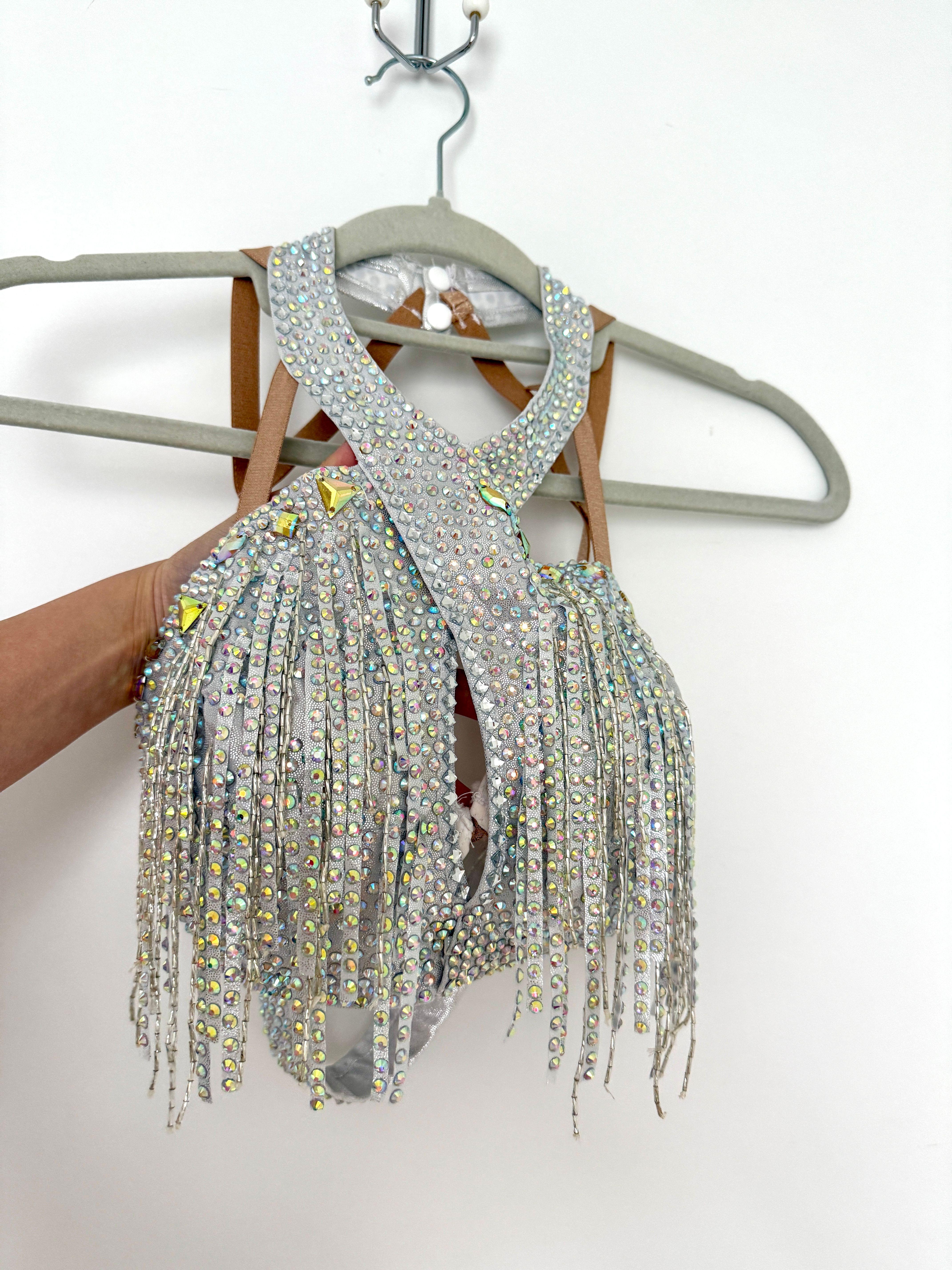 Pink and Green Latin Dress with Crystals and Fringe