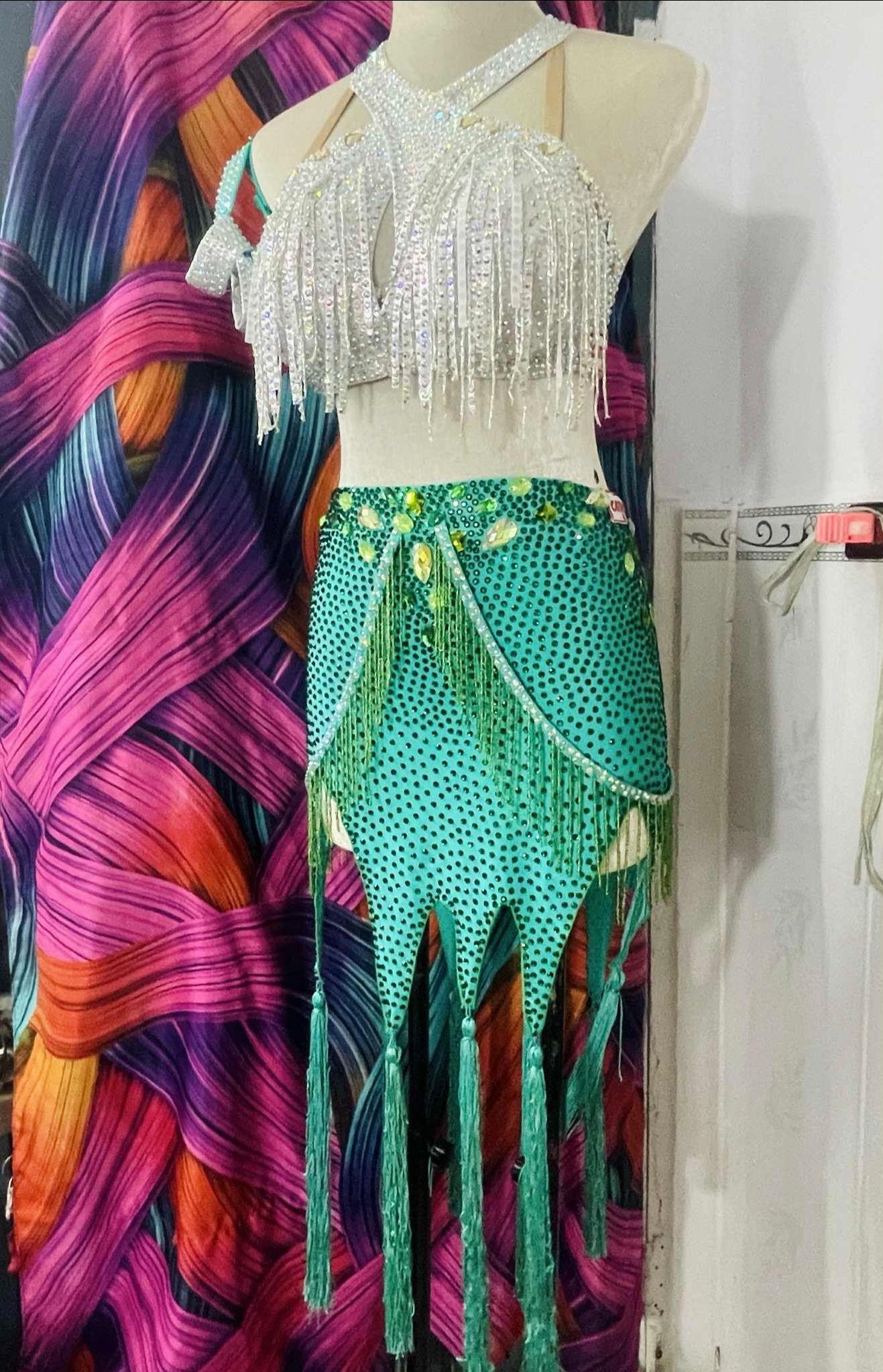 Pink and Green Latin Dress with Crystals and Fringe