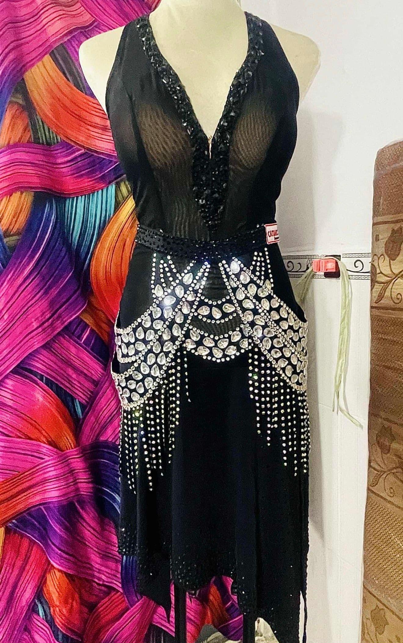 Black and Silver Latin Dress with Swarovski Crystals