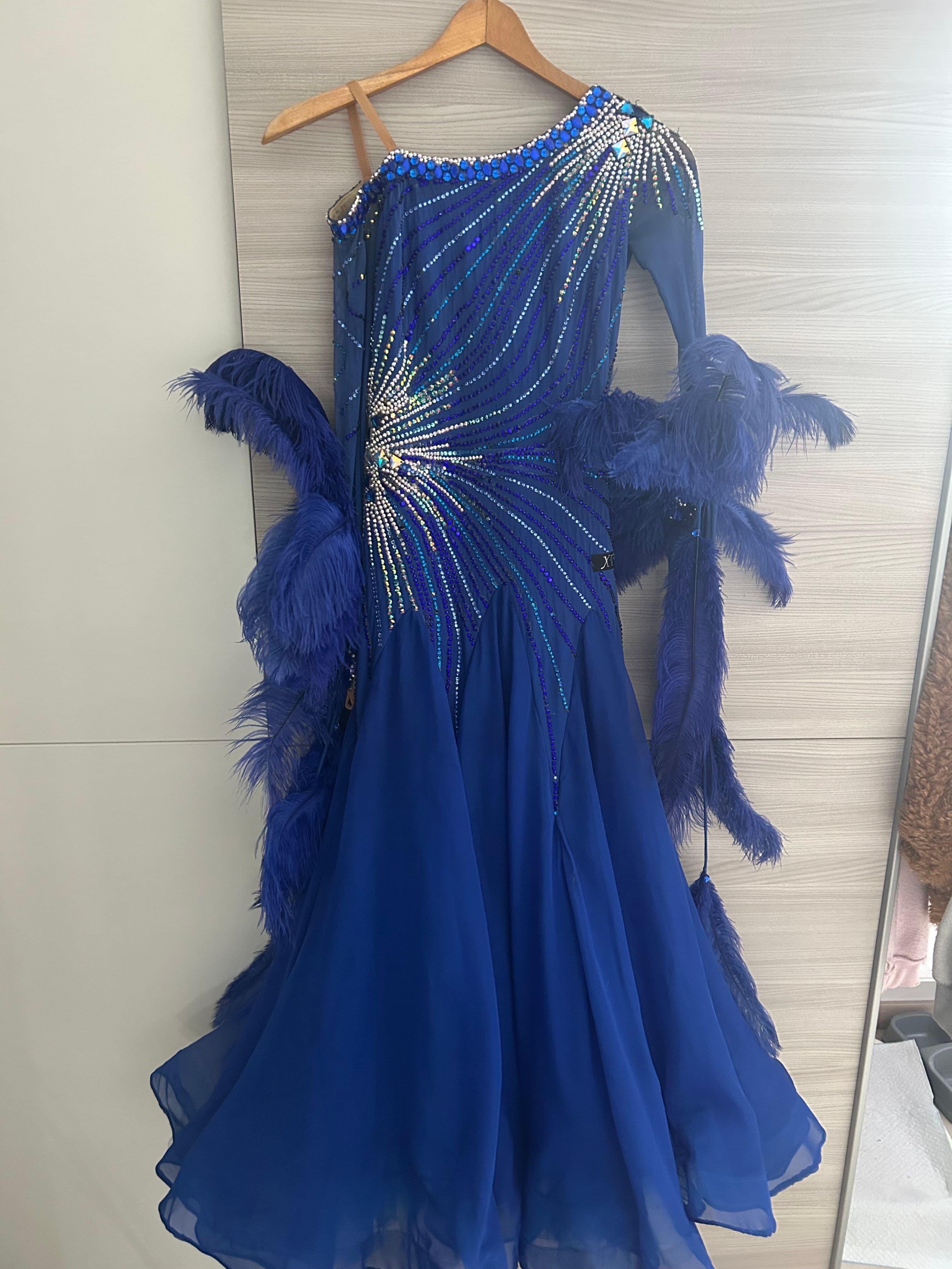 Blue Standard Dress with Feathers and Swarovski Crystals