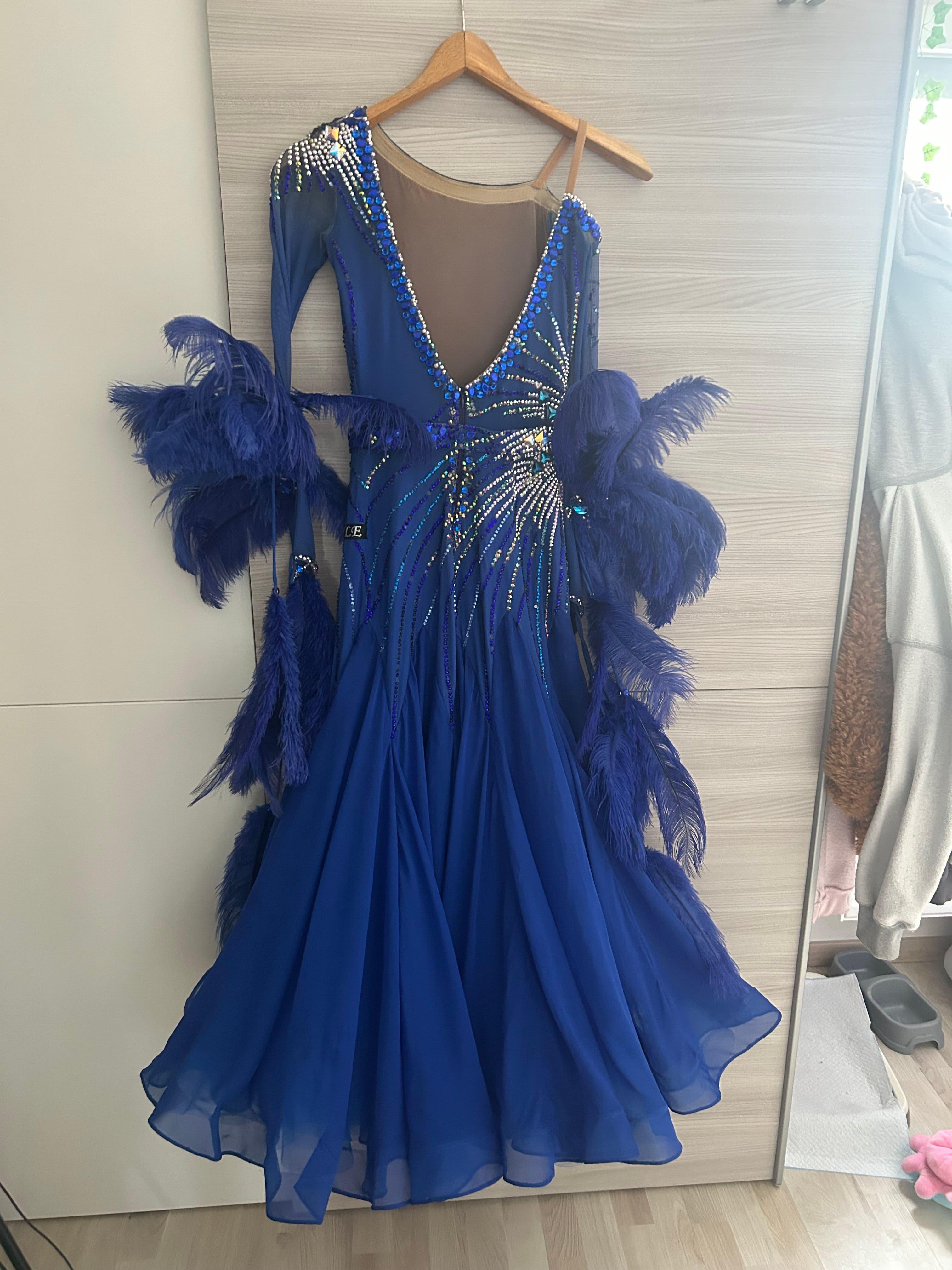 Blue Standard Dress with Feathers and Swarovski Crystals