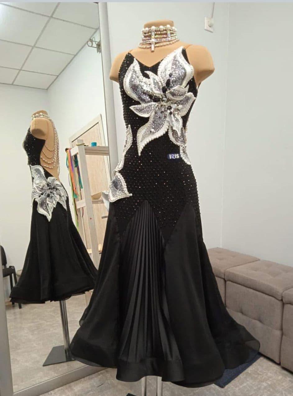 Black Standard Dress with Swarovski Crystals and Feather Floats