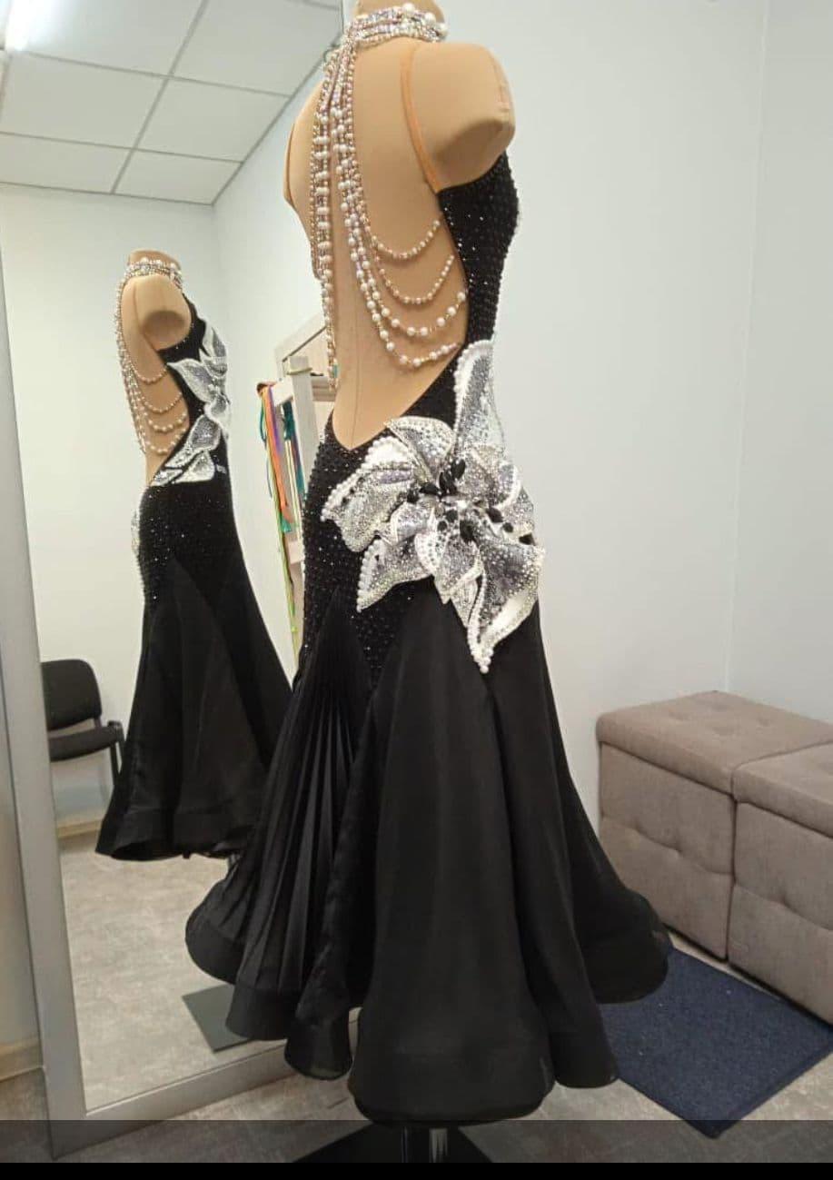 Black Standard Dress with Swarovski Crystals and Feather Floats