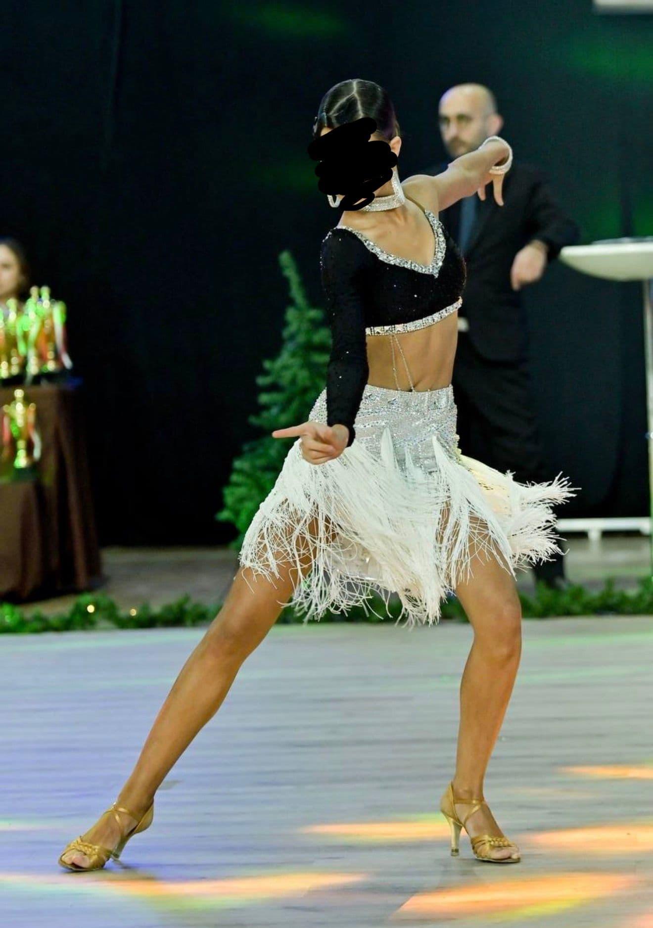 Black and White Latin Dress with Crystals and Fringe