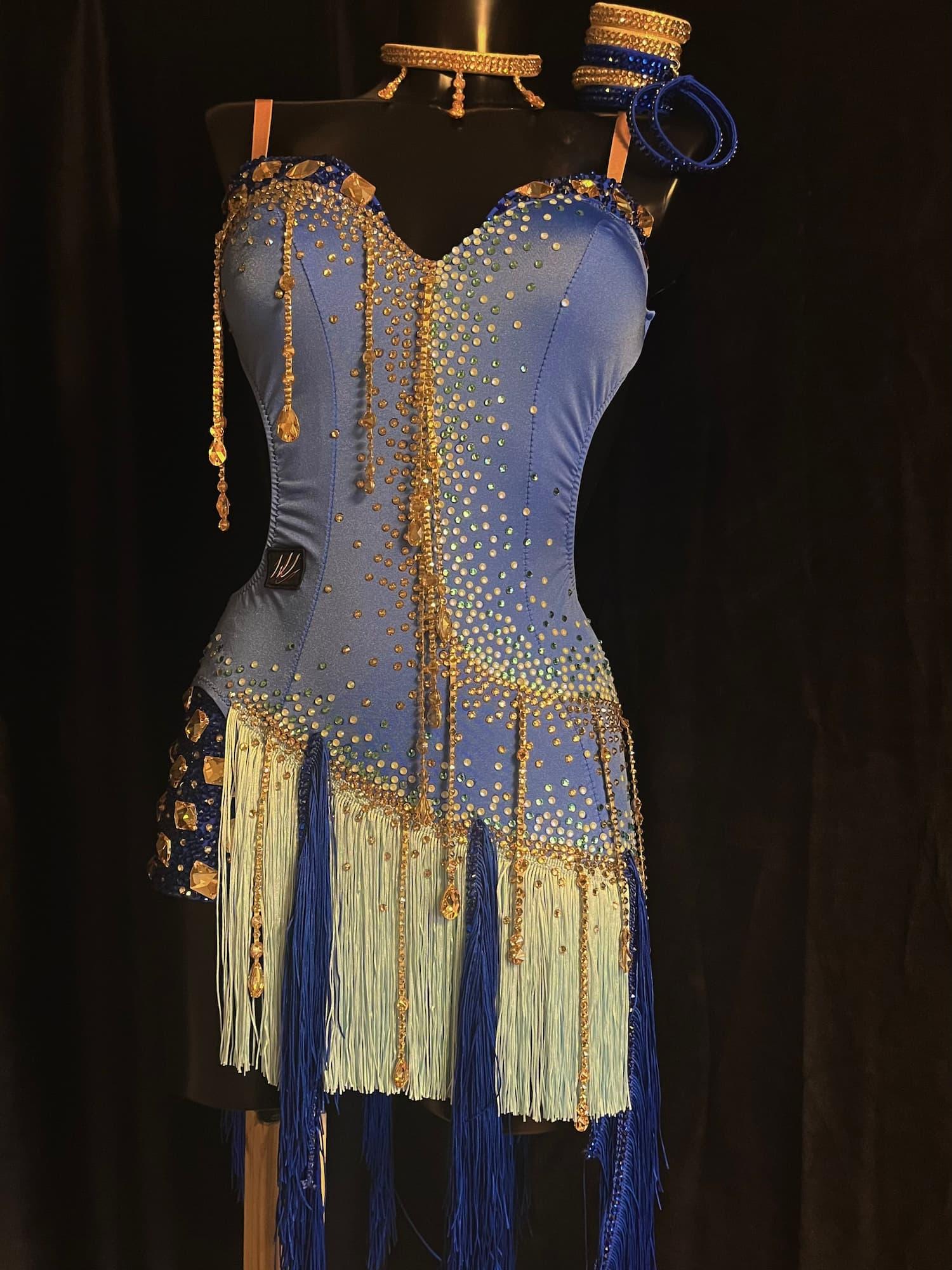 Blue Latin Dress with Swarovski Crystals and Full Fringe