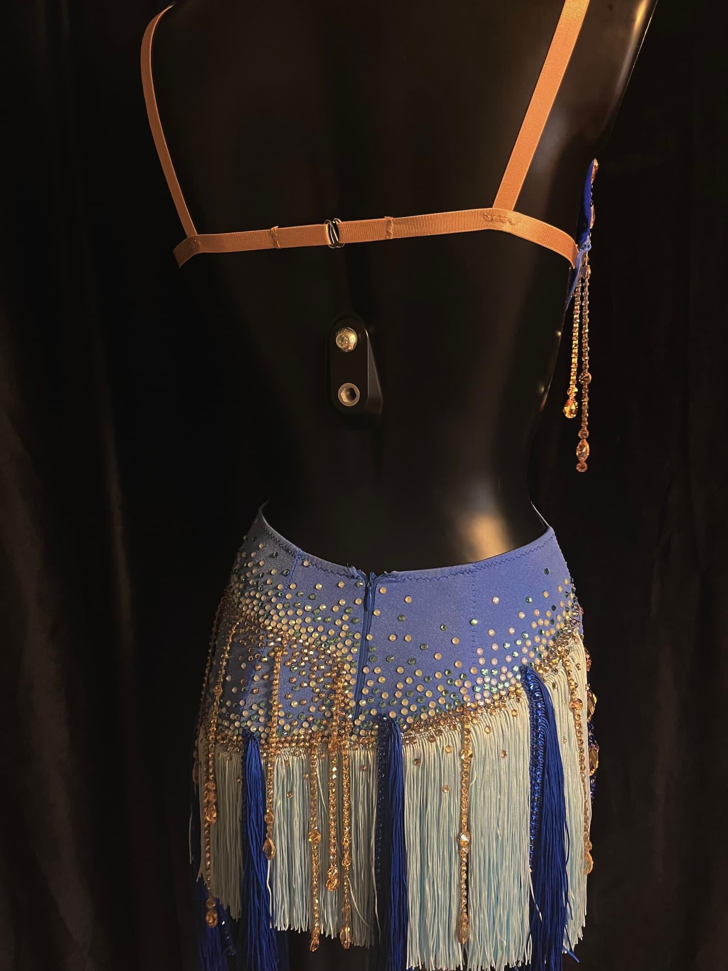 Blue Latin Dress with Swarovski Crystals and Full Fringe