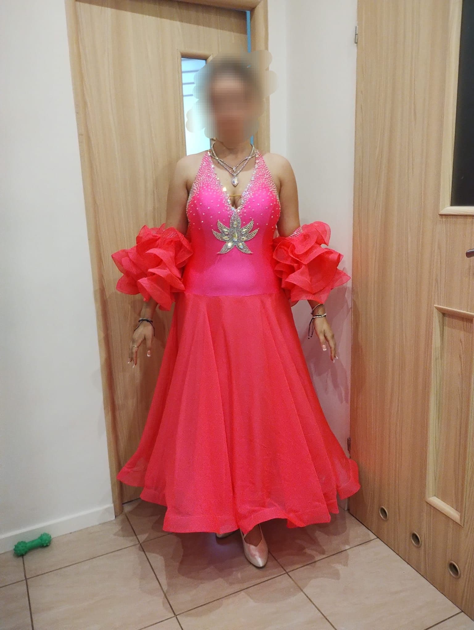 Pink Standard Dress with Swarovski Crystals and Sleeves - 1
