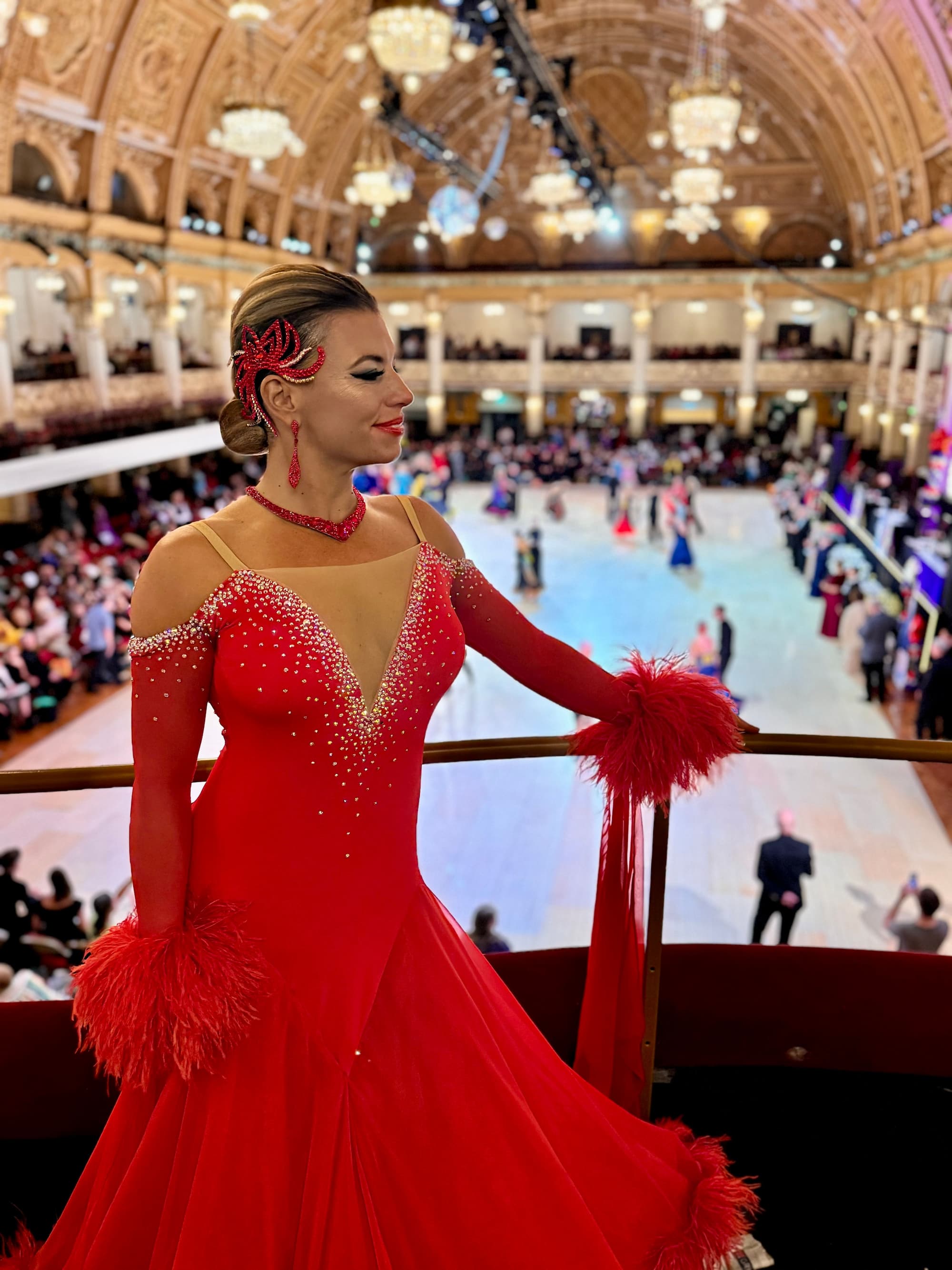 Red Standard Dress with Swarovski Crystals and Flowing Skirt - 2