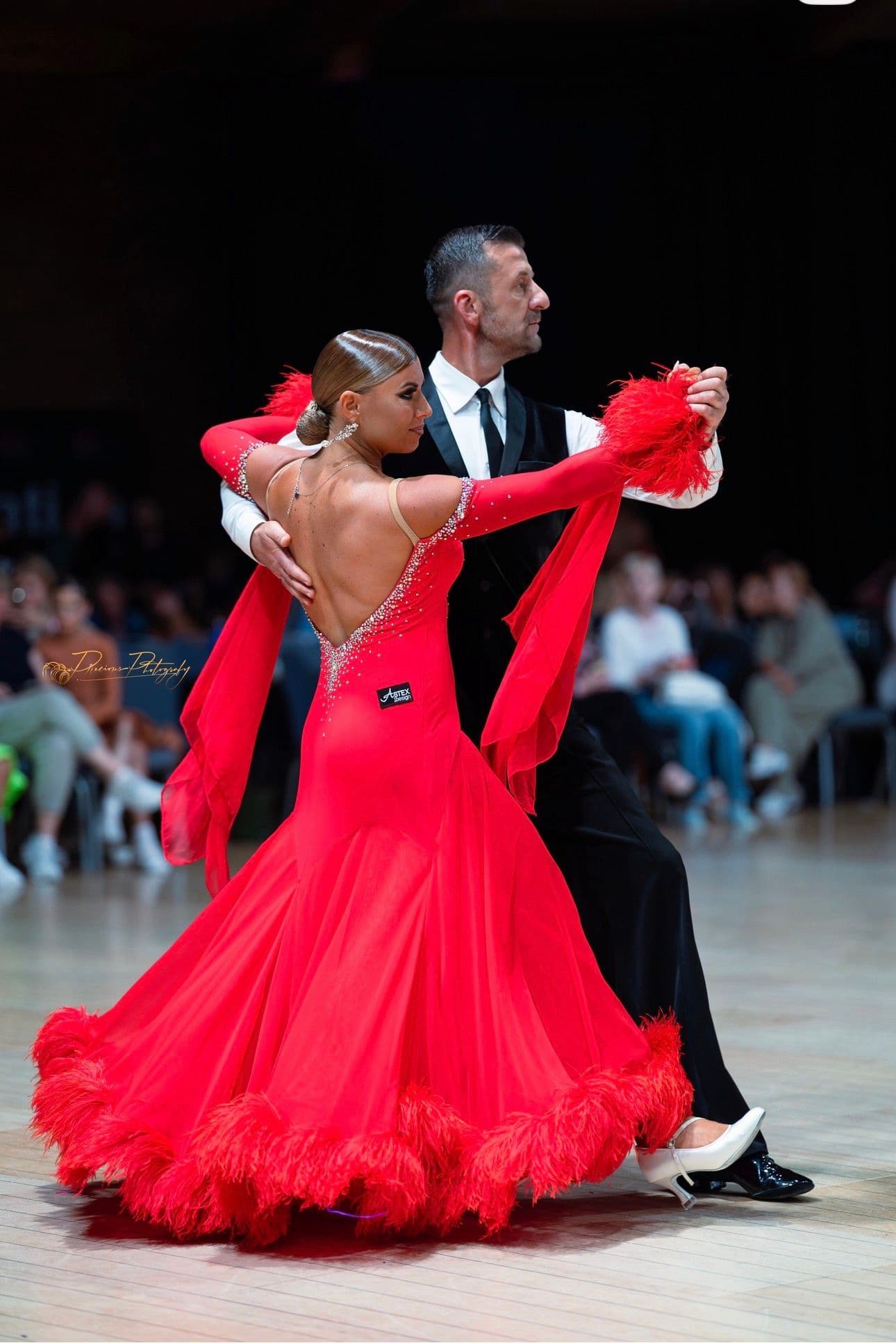 Red Standard Dress with Swarovski Crystals and Flowing Skirt - 3