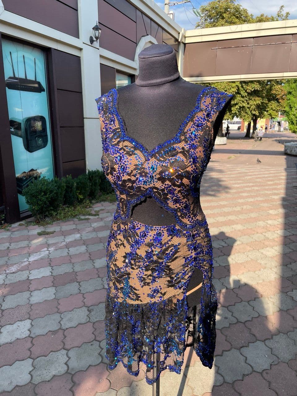 Black Latin Dress with Blue Swarovski Crystals - 1