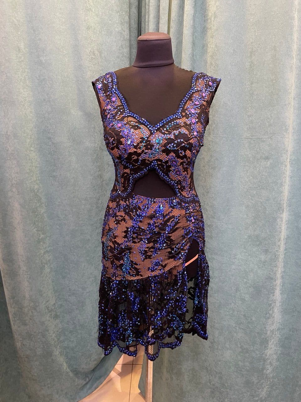 Black Latin Dress with Blue Swarovski Crystals - 2