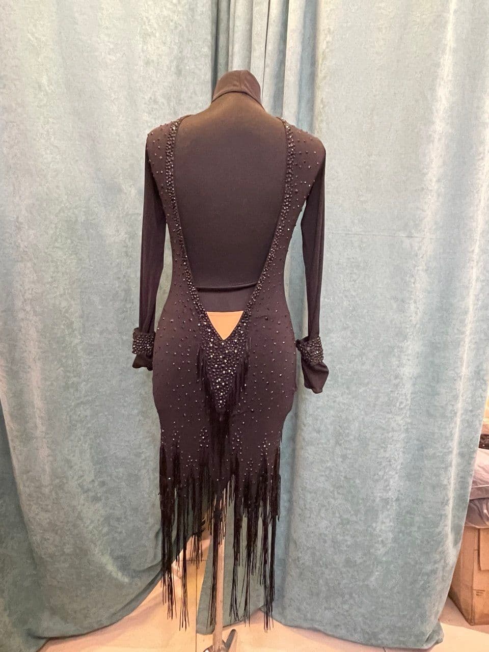 Black Open-Back Latin Dress with Fringe, Lace, and Swarovski Crystals - 2