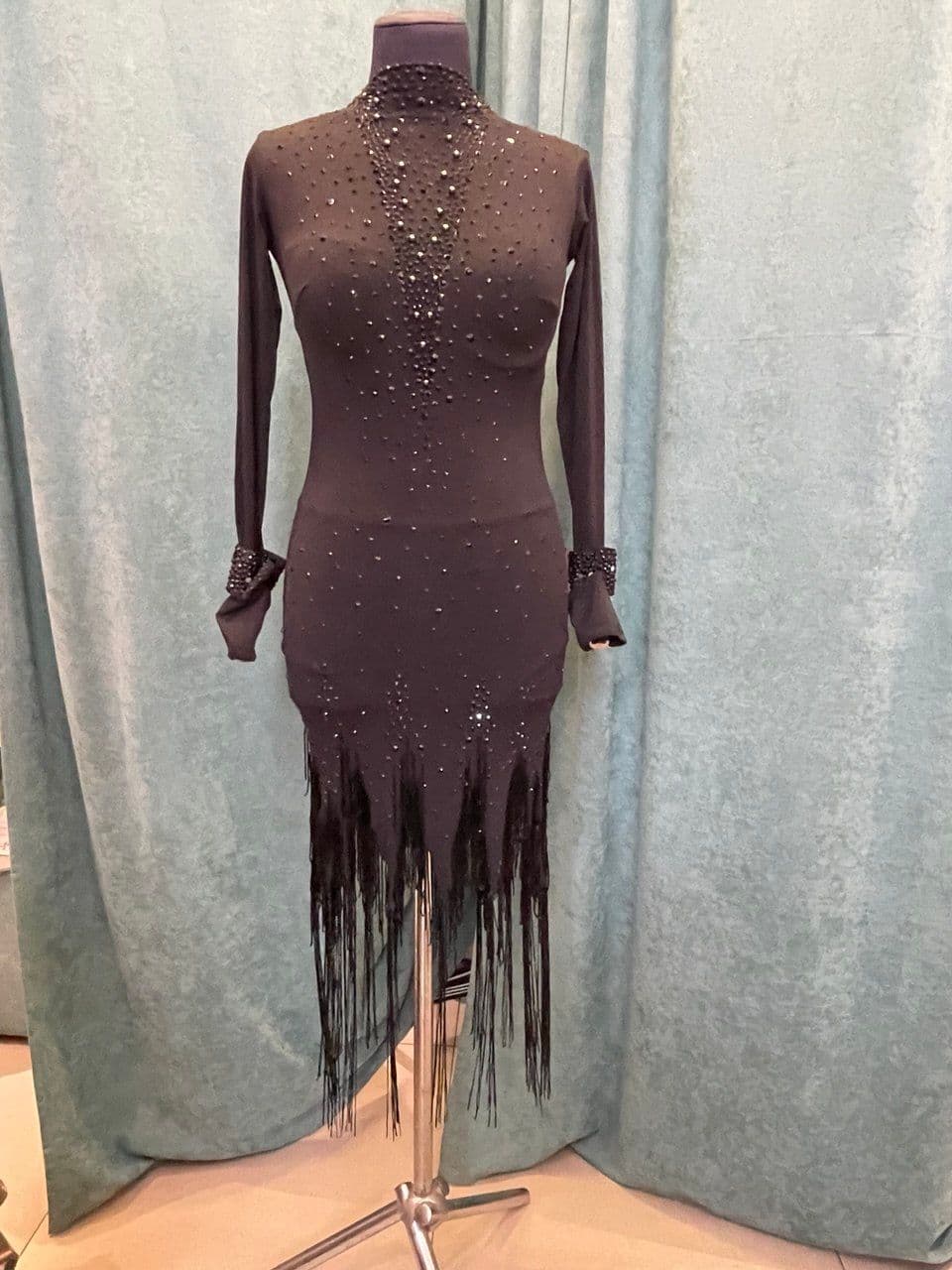Black Open-Back Latin Dress with Fringe, Lace, and Swarovski Crystals - 1