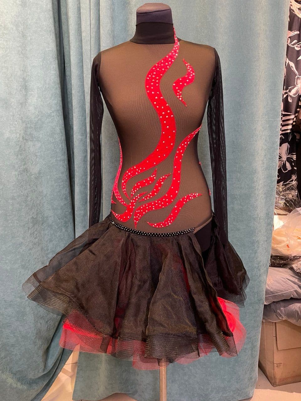 Black and Red Latin Dress with Swarovski Crystals - 1