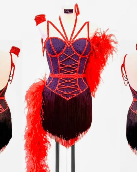 Red & Black Latin Dress with Fringe and Feather Boa by JMH Dance Fashion - 1