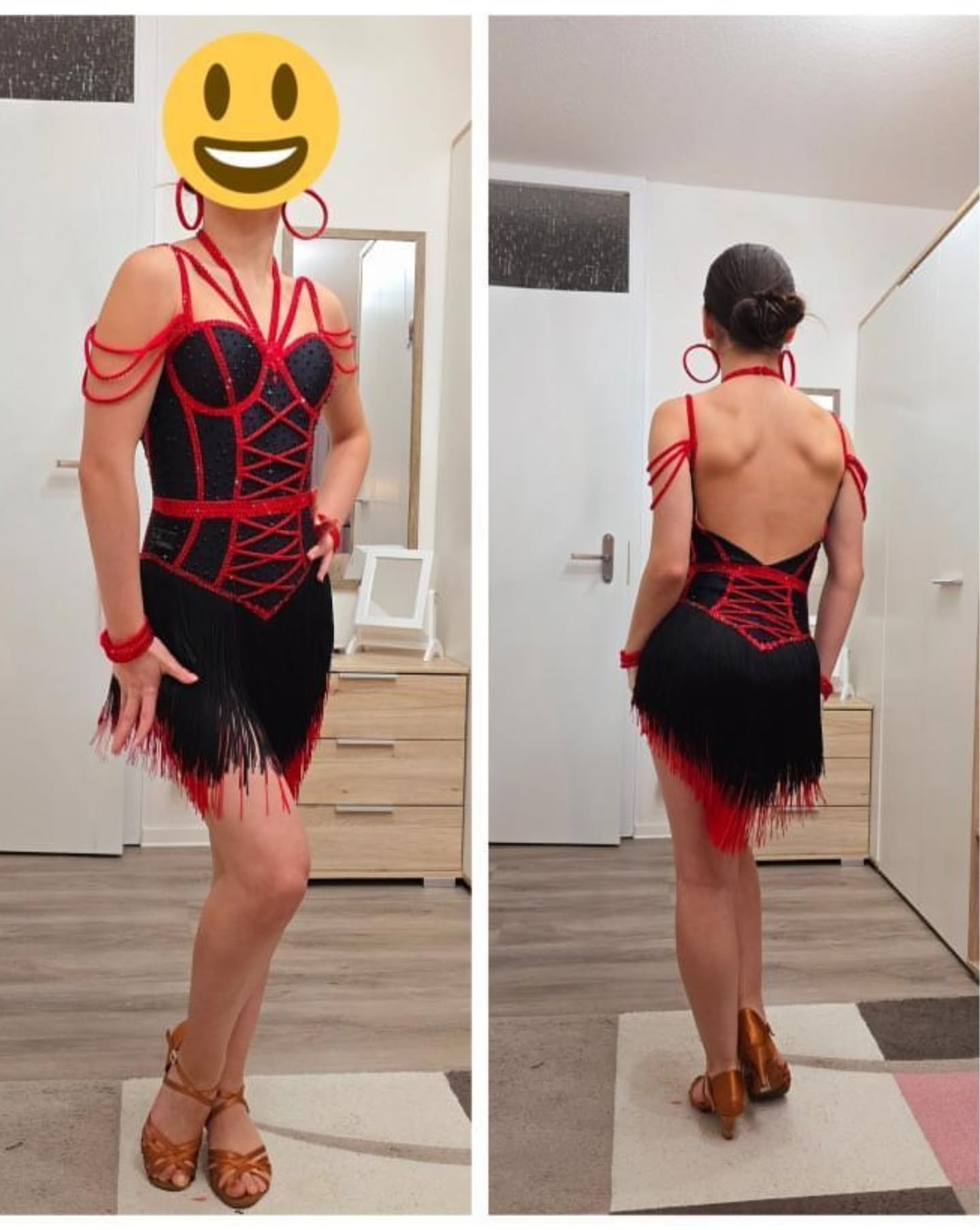 Red & Black Latin Dress with Fringe and Feather Boa by JMH Dance Fashion - 3