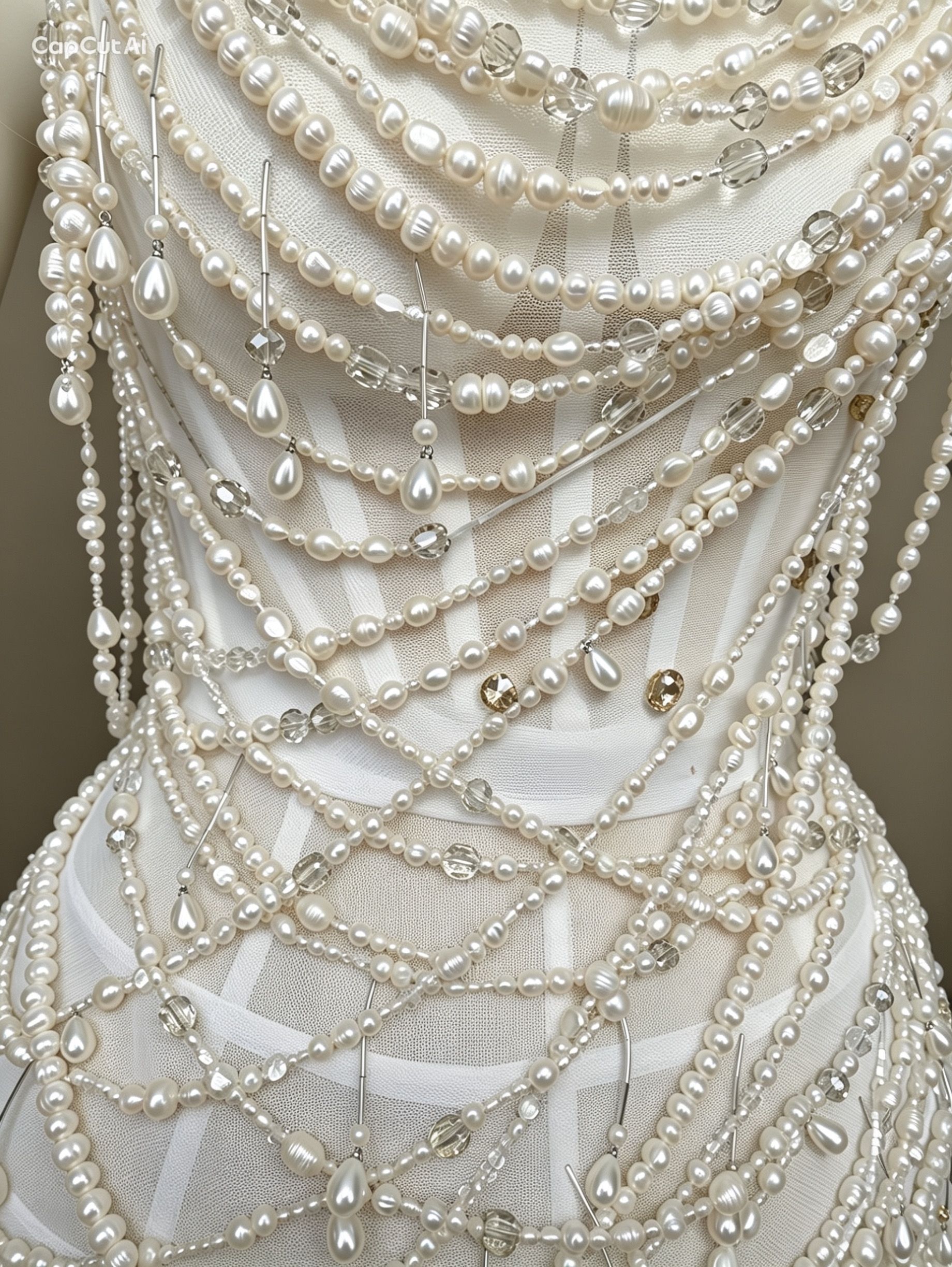 Ivory Pearl White Show Dress with Pearls and Feathers - 2