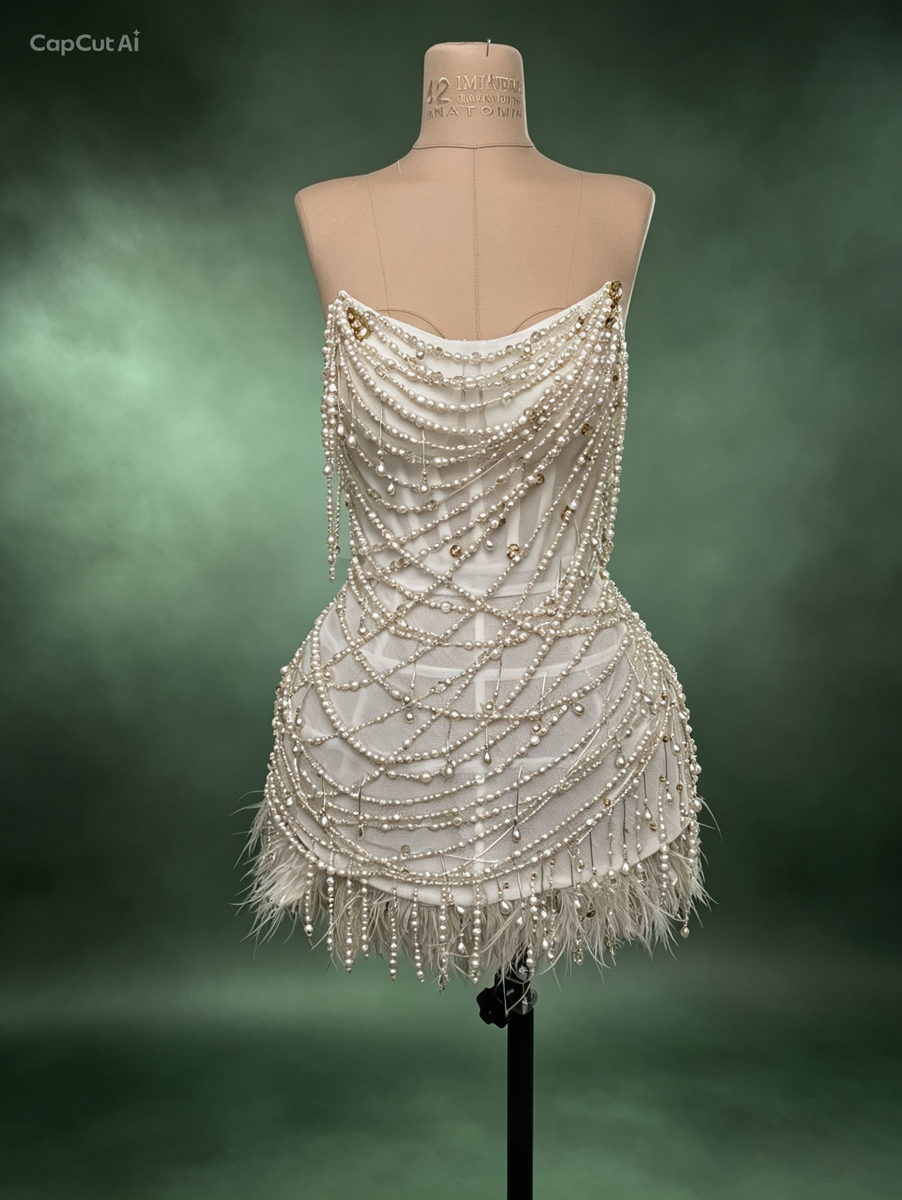 Ivory Pearl White Show Dress with Pearls and Feathers - 1