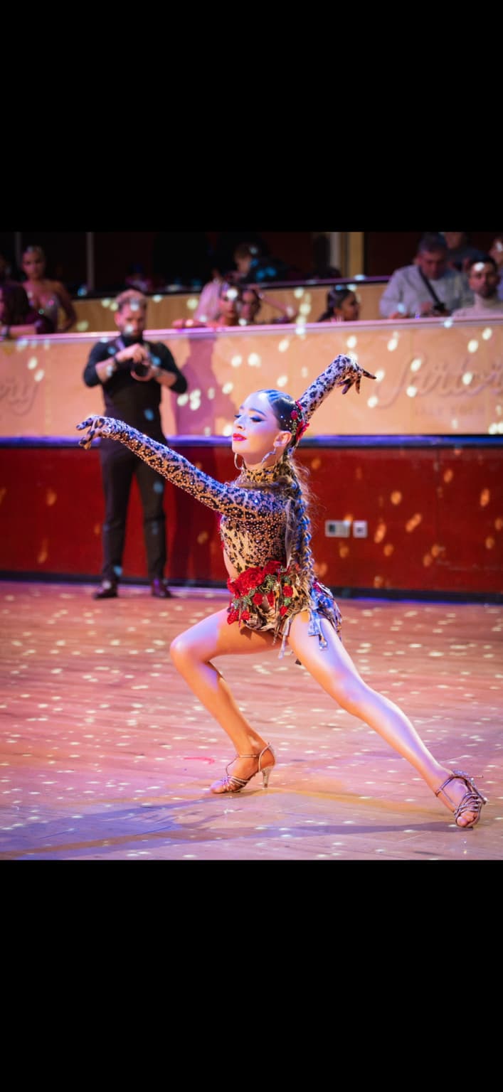 Leopard Latin Dress with Red Roses and Swarovski Crystals - 1