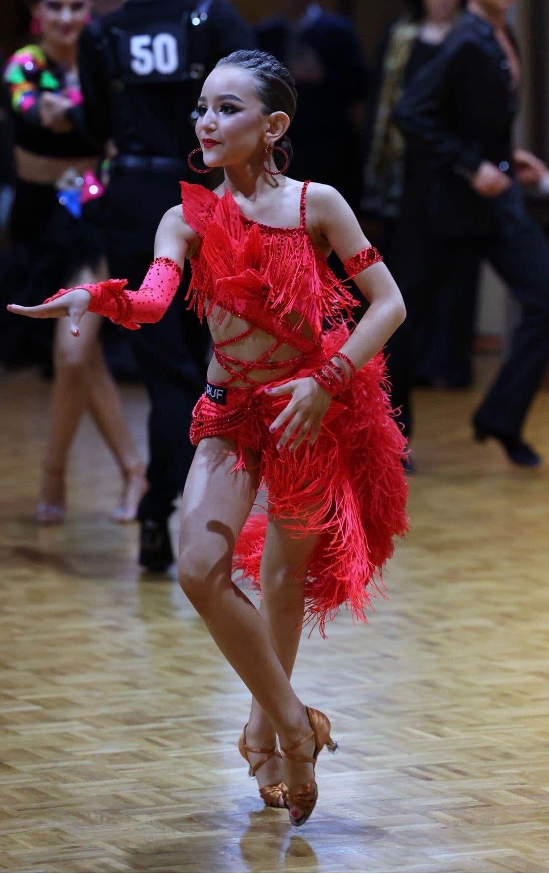 Red Latin Dress with Swarovski Crystals and Feathers - 2