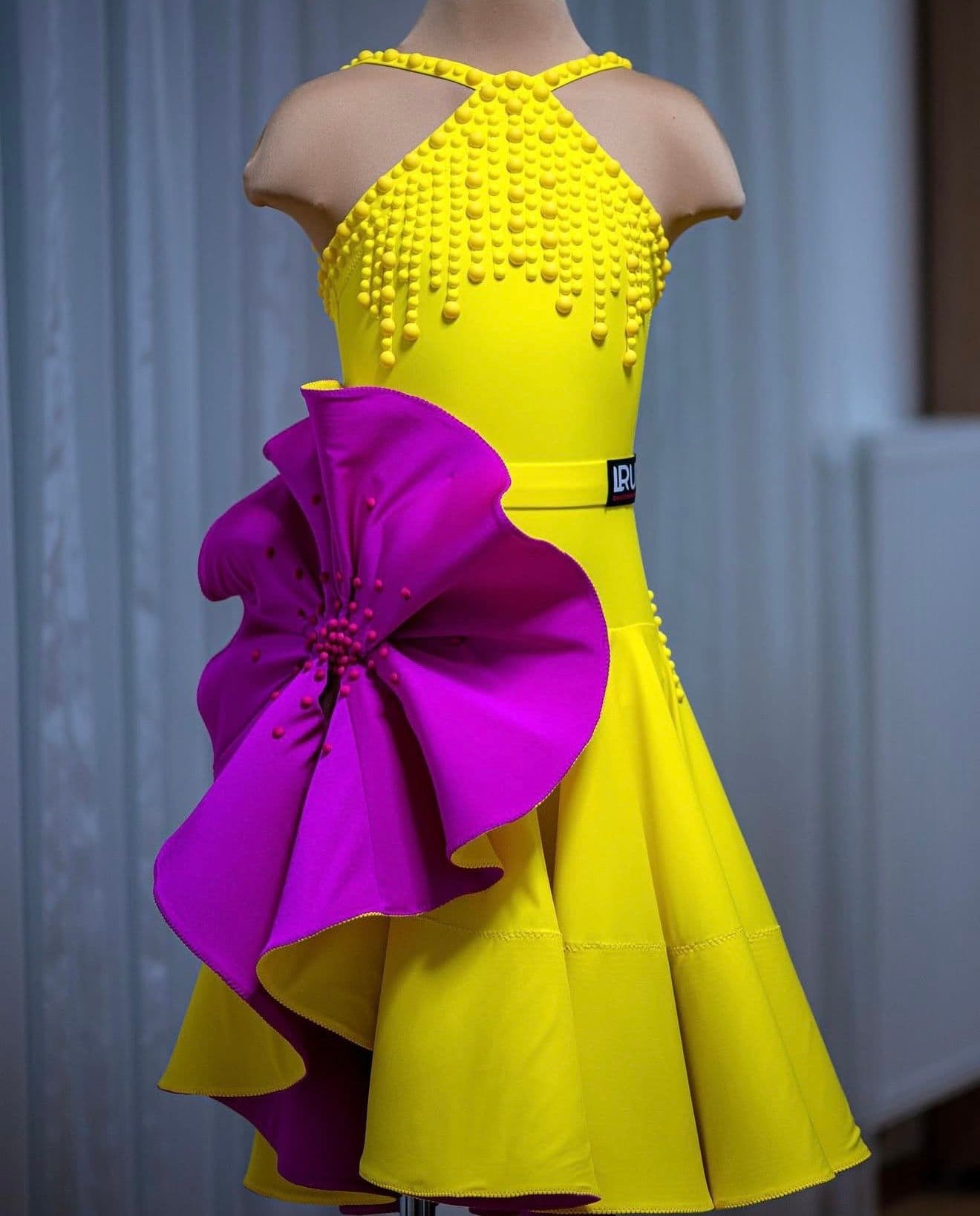 Pink Yellow Latin Dress with Matt Pearl Decorations - 1