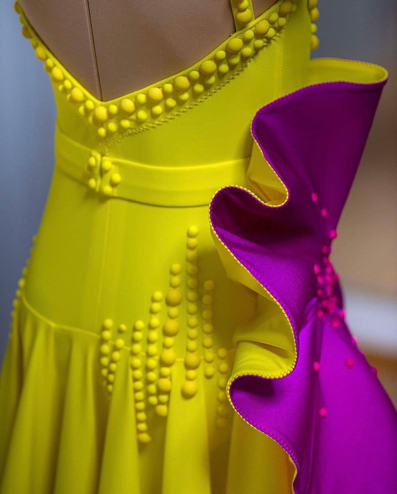 Pink Yellow Latin Dress with Matt Pearl Decorations - 2
