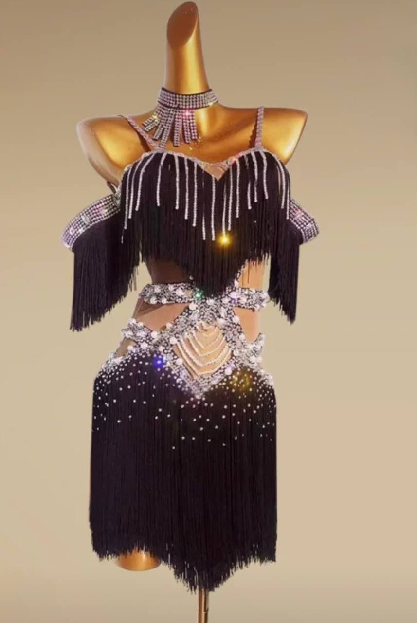 Black Latin Dress with Swarovski Crystals and Fringe - 1