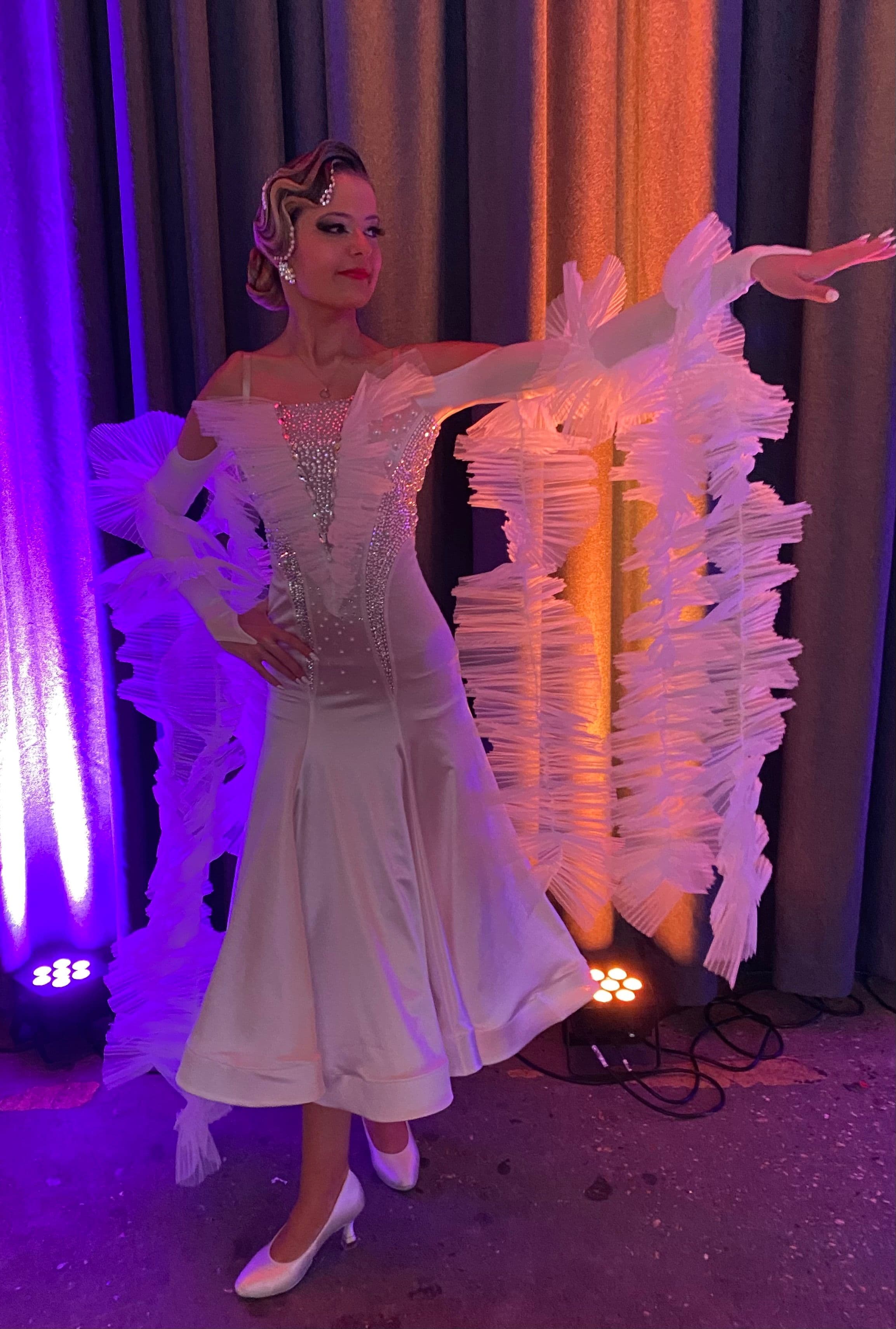 White Standard Dress with Pearls and 3D Sleeves - 3