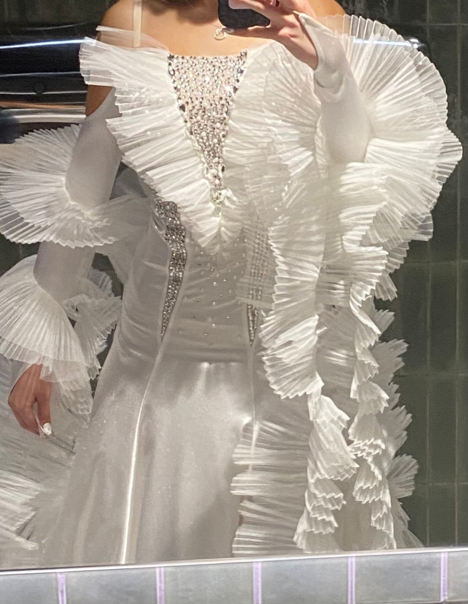 White Standard Dress with Pearls and 3D Sleeves - 1