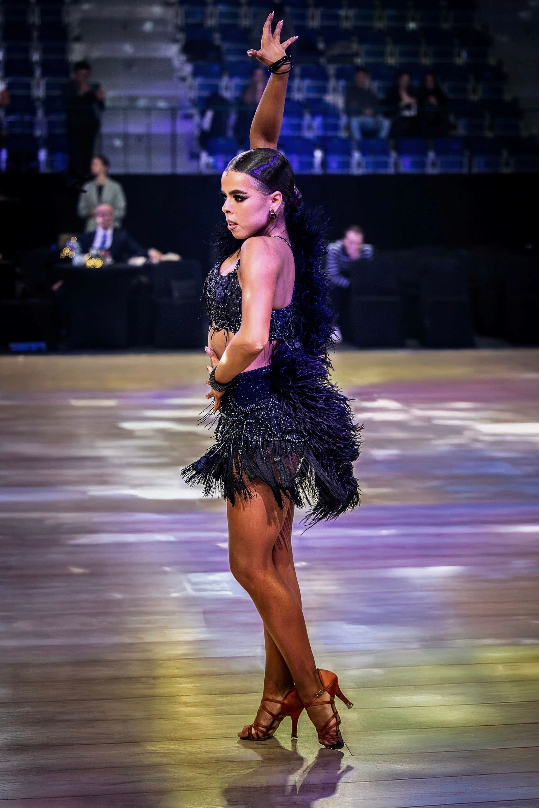 Black Latin Dress with Feathers, Fringe and Swarovski Crystals - 1