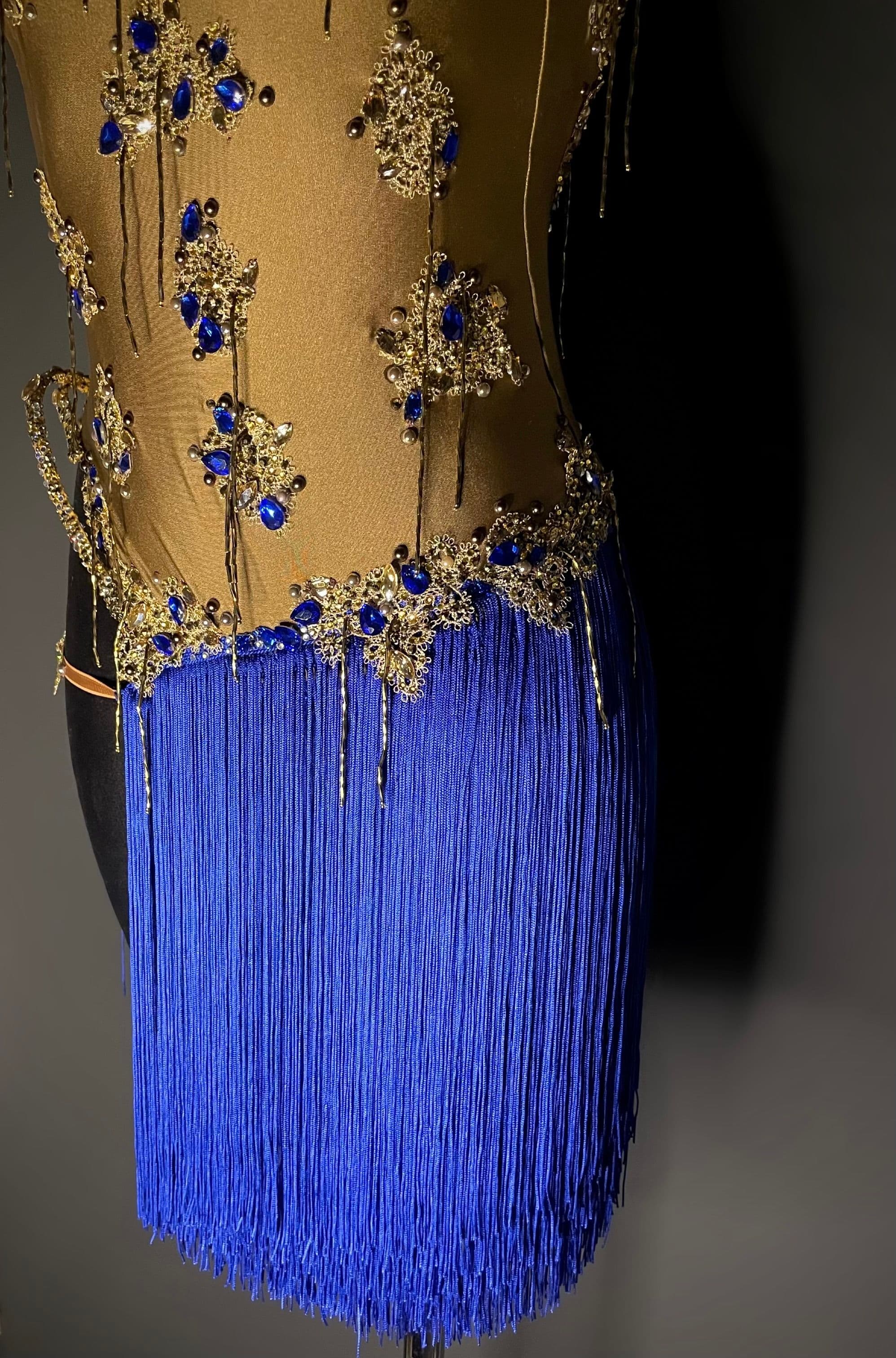 Gold Blue Latin Dress with Fringe and Swarovski Crystals - 2