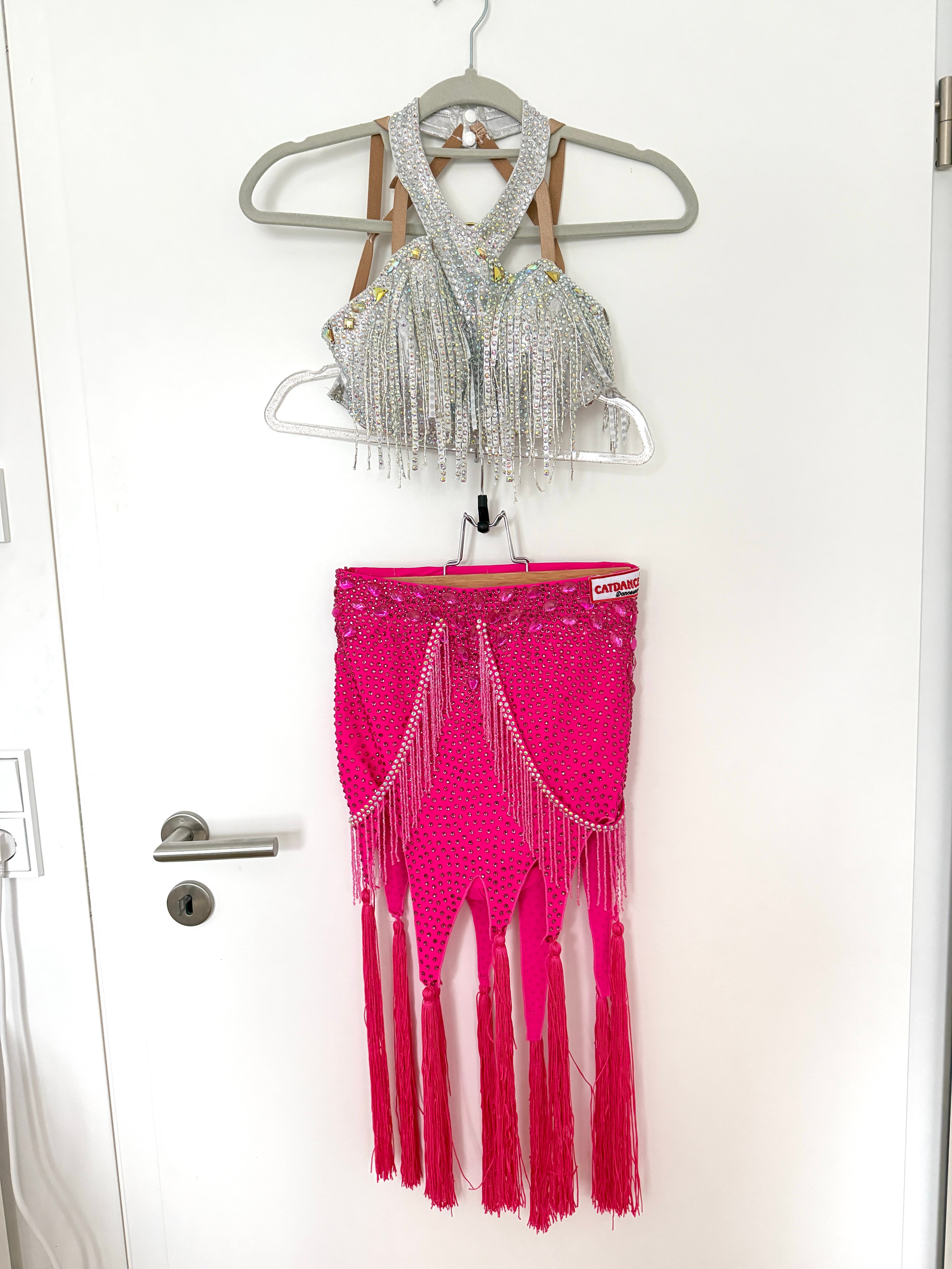 Pink and Green Latin Dress with Crystals and Fringe - 2