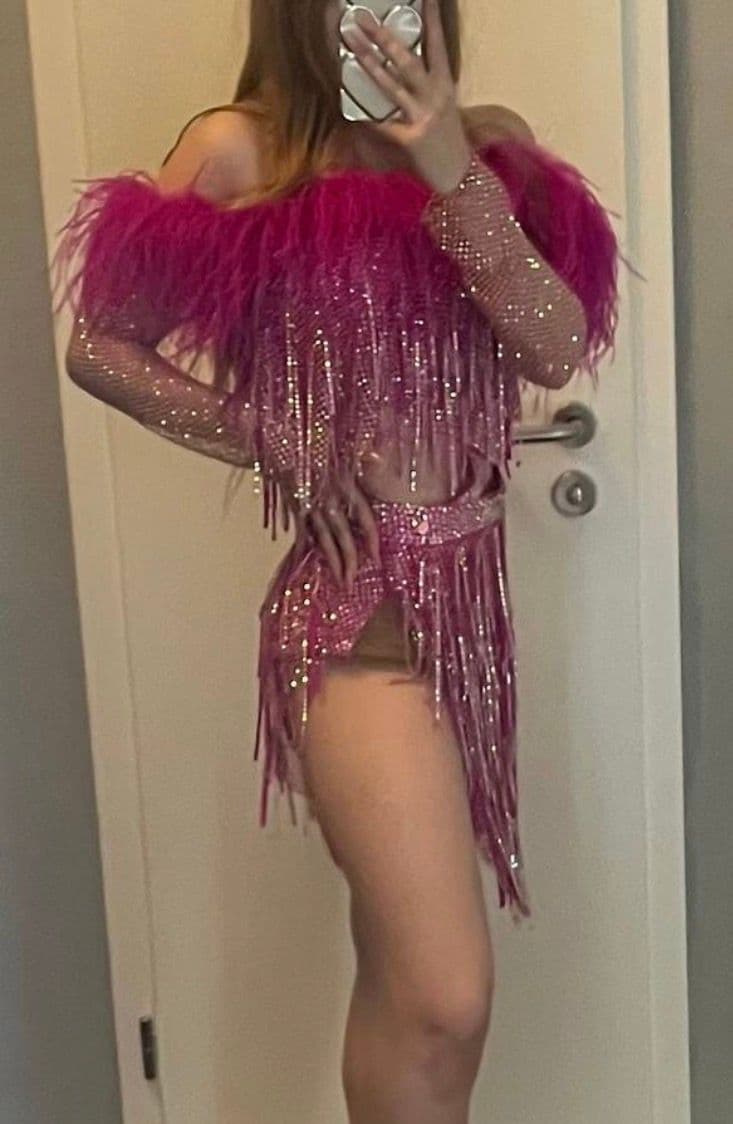 Fuxia Pink Latin Dress with Swarovski Crystals and Feathers - 3